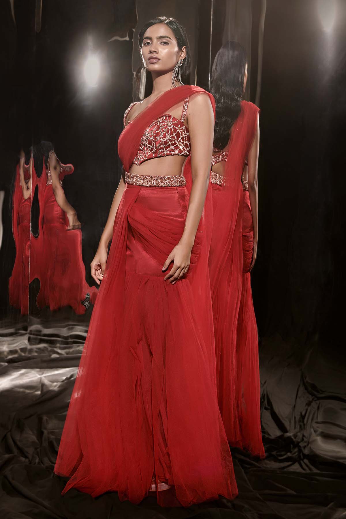 Red Sharara Pre-Draped Saree