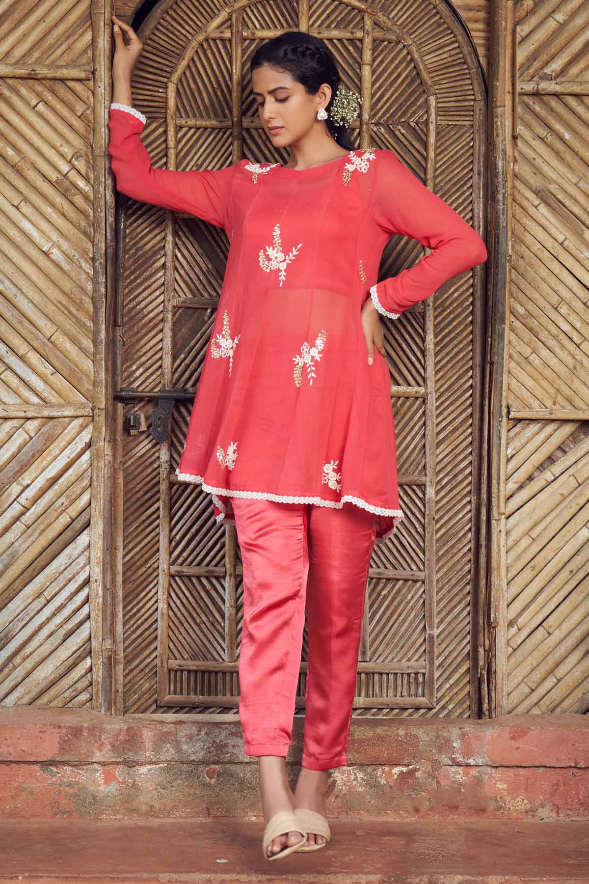 Megha Pitti Red Sheer Embroidered Kurta Set for women online at ScrollnShops