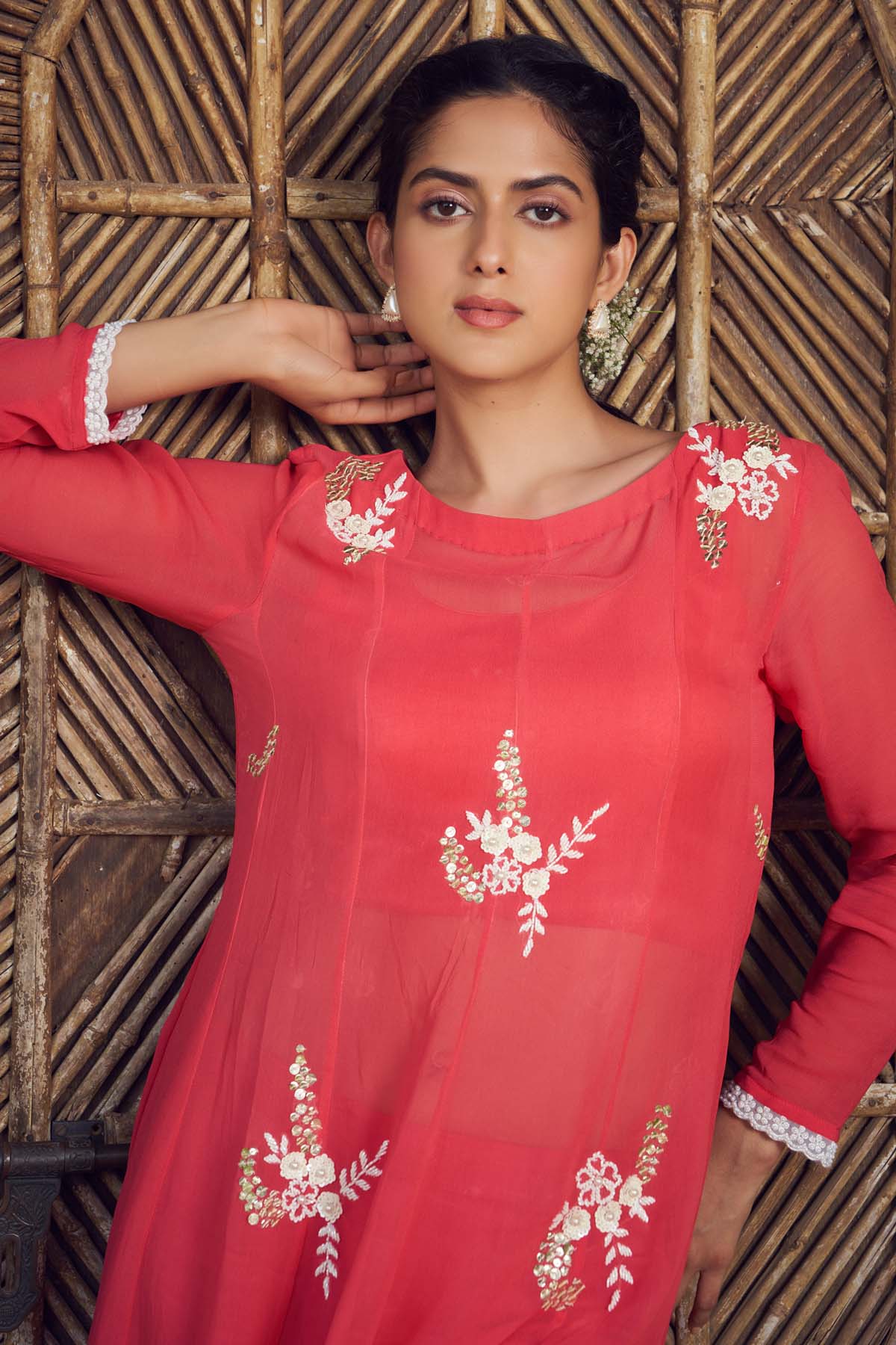 Red Sheer Embroidered Kurta Set