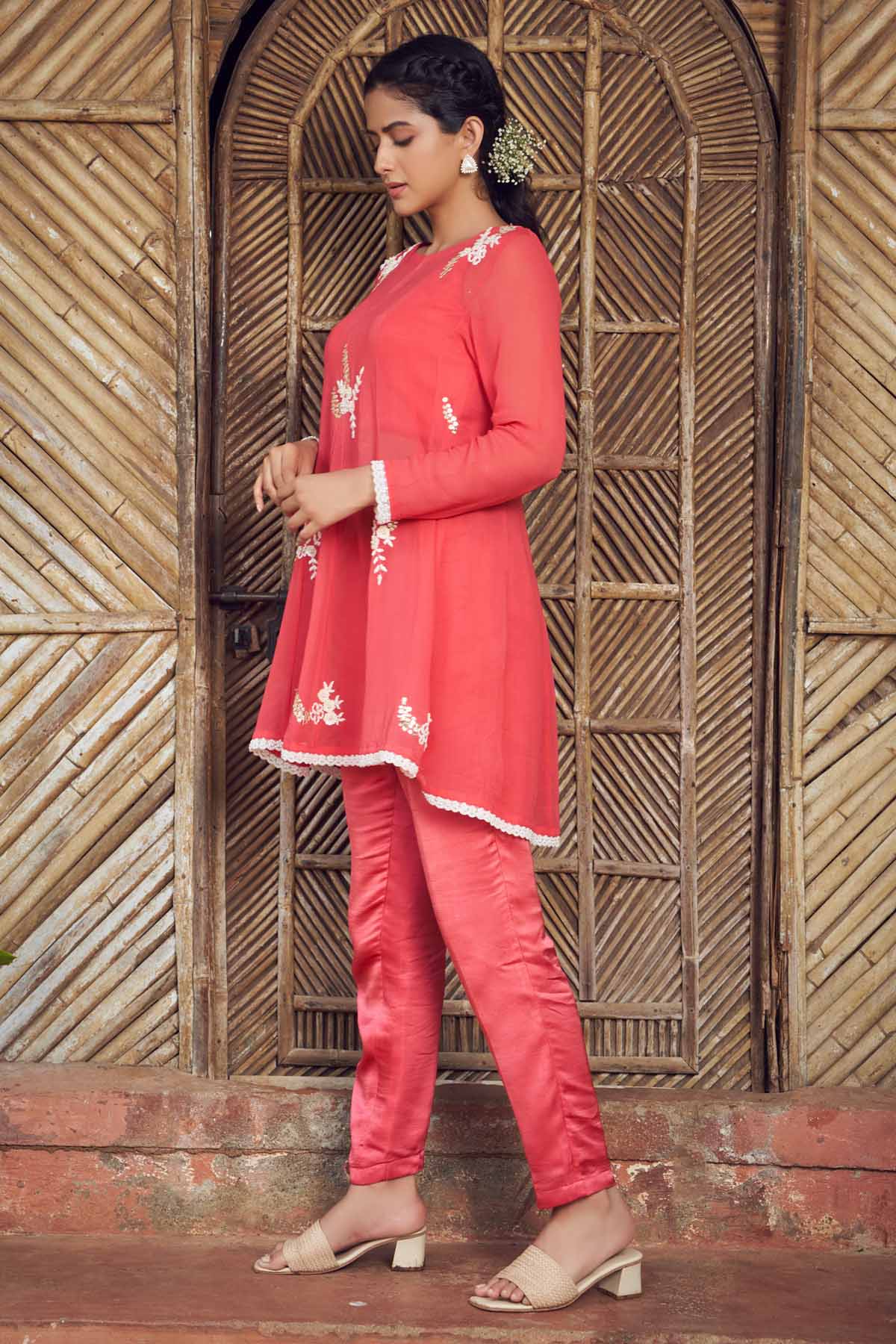 Red Sheer Embroidered Kurta Set