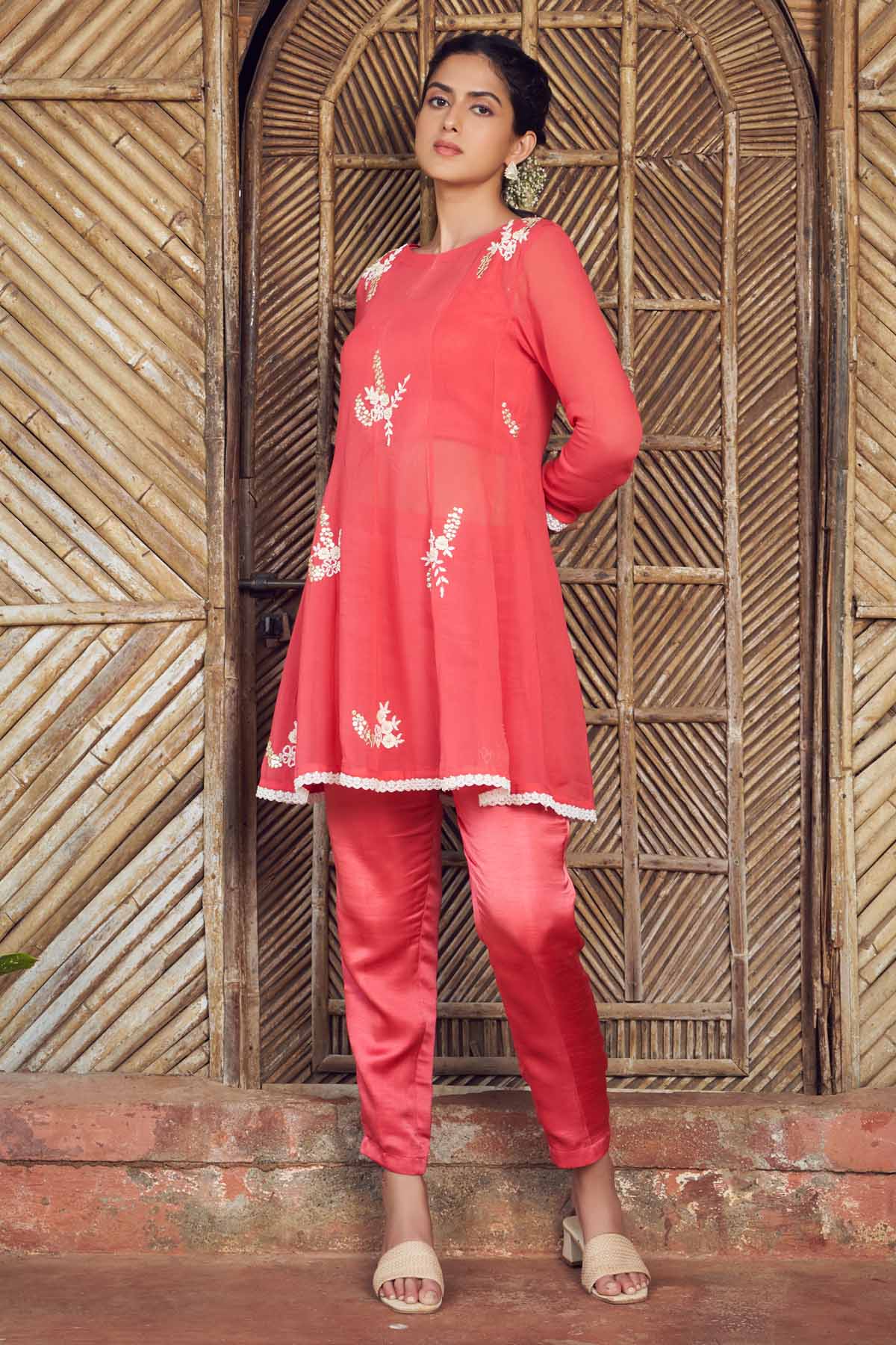 Red Sheer Embroidered Kurta Set