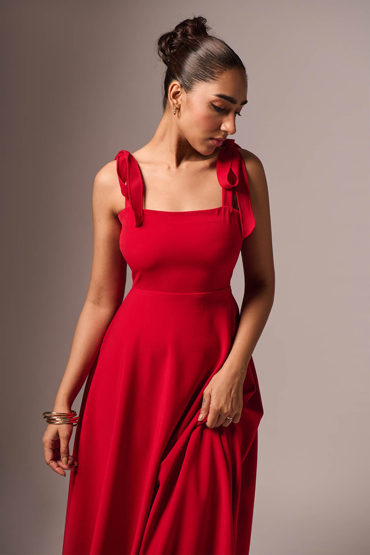 Red Shoulder Tie-Up Maxi Dress