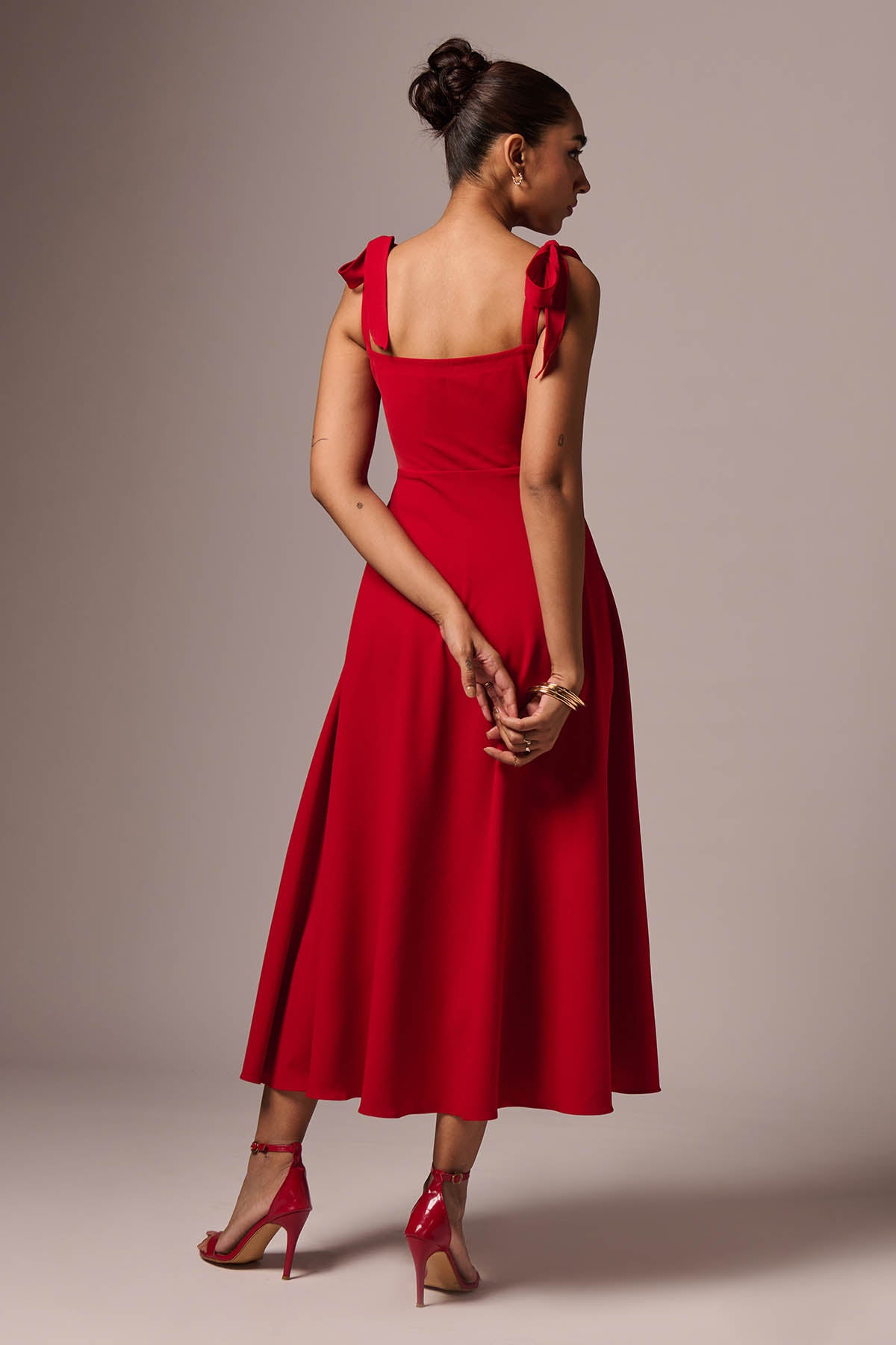 Red Shoulder Tie-Up Maxi Dress
