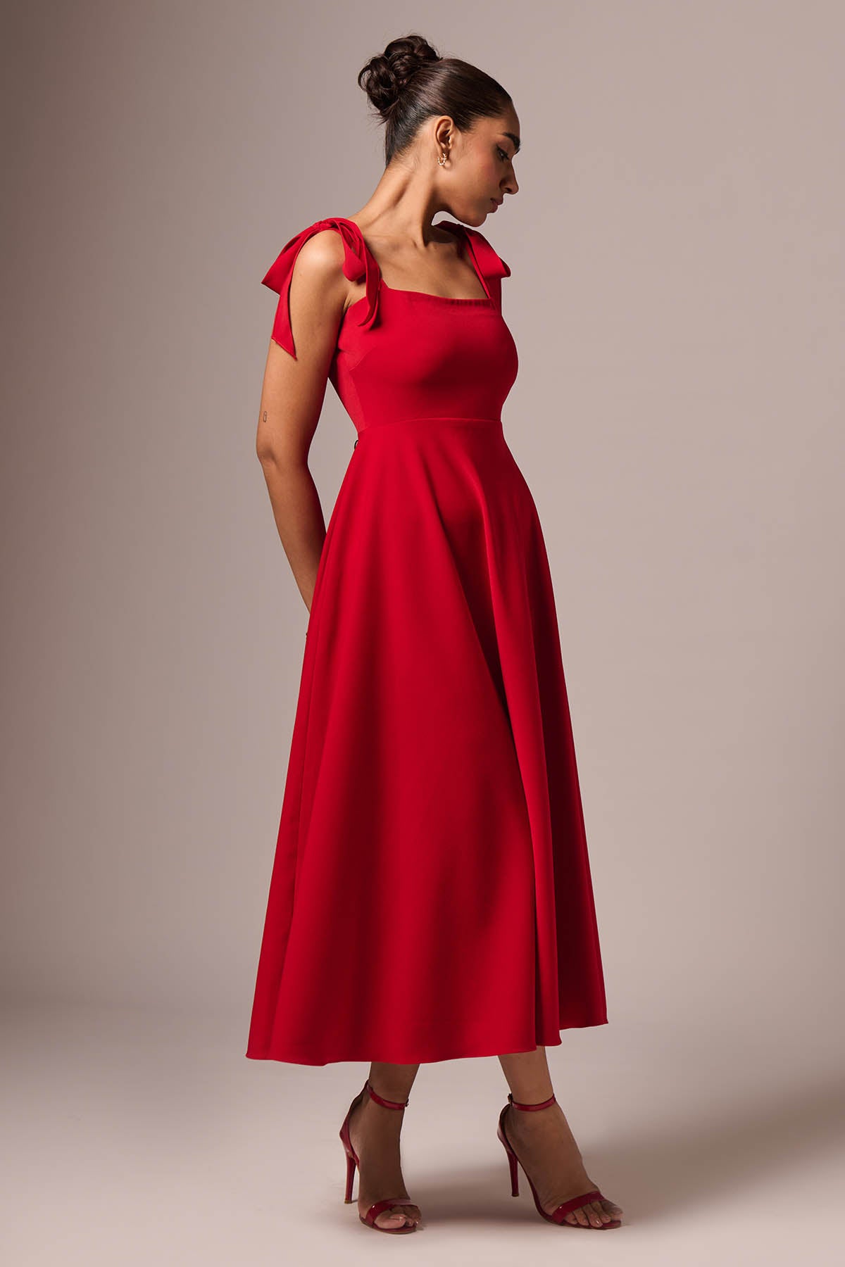 red shoulder tie dress Off-the-shoulder Tie Detail Maxi Bridesmaid Dress With Front Slit In Cabernet