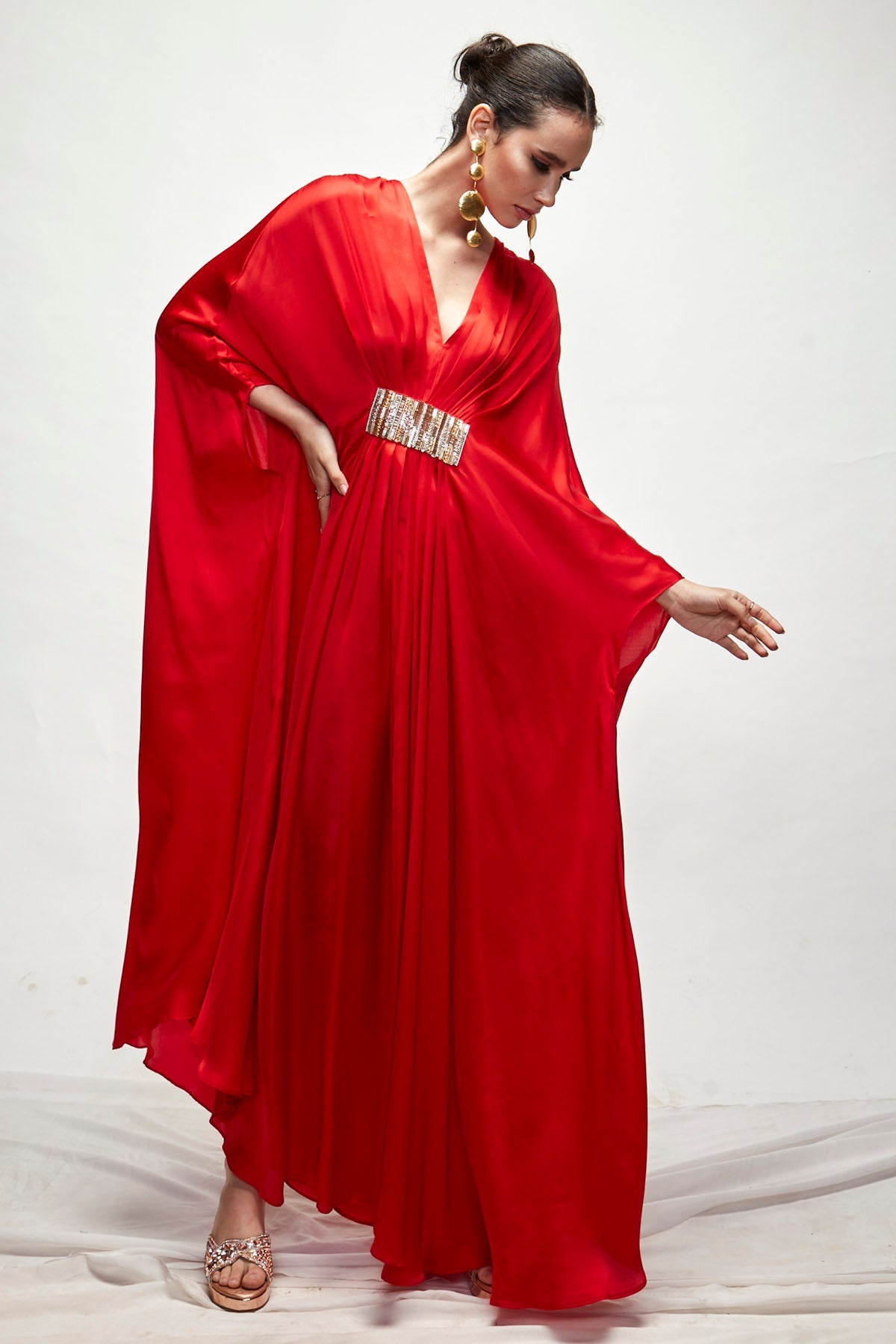 Designer Ranian Red silk kaftan with front pleat detailing and beads embroidery For women Online at ScrollnShops