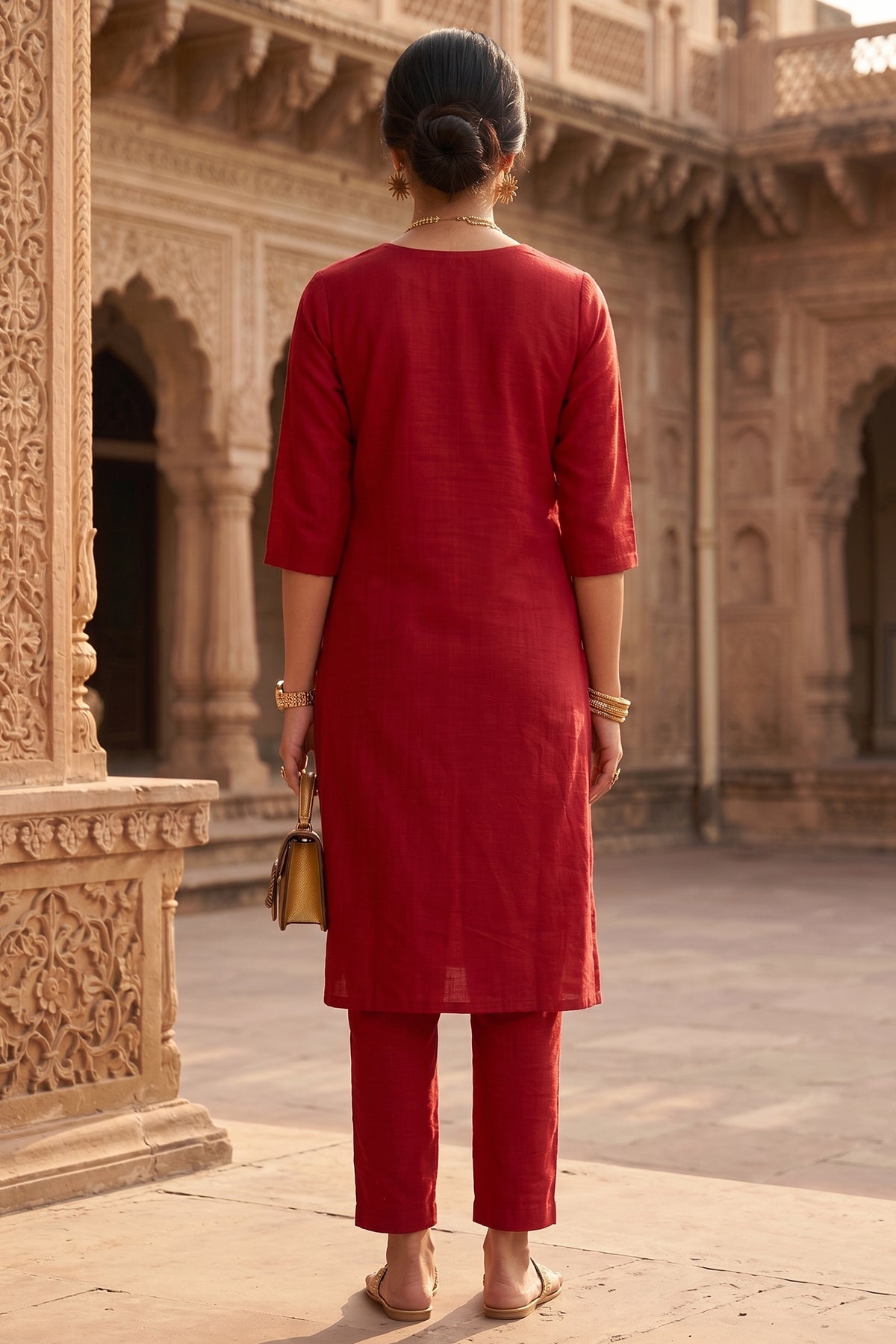 Red Silk Box Pleated Kurta Set