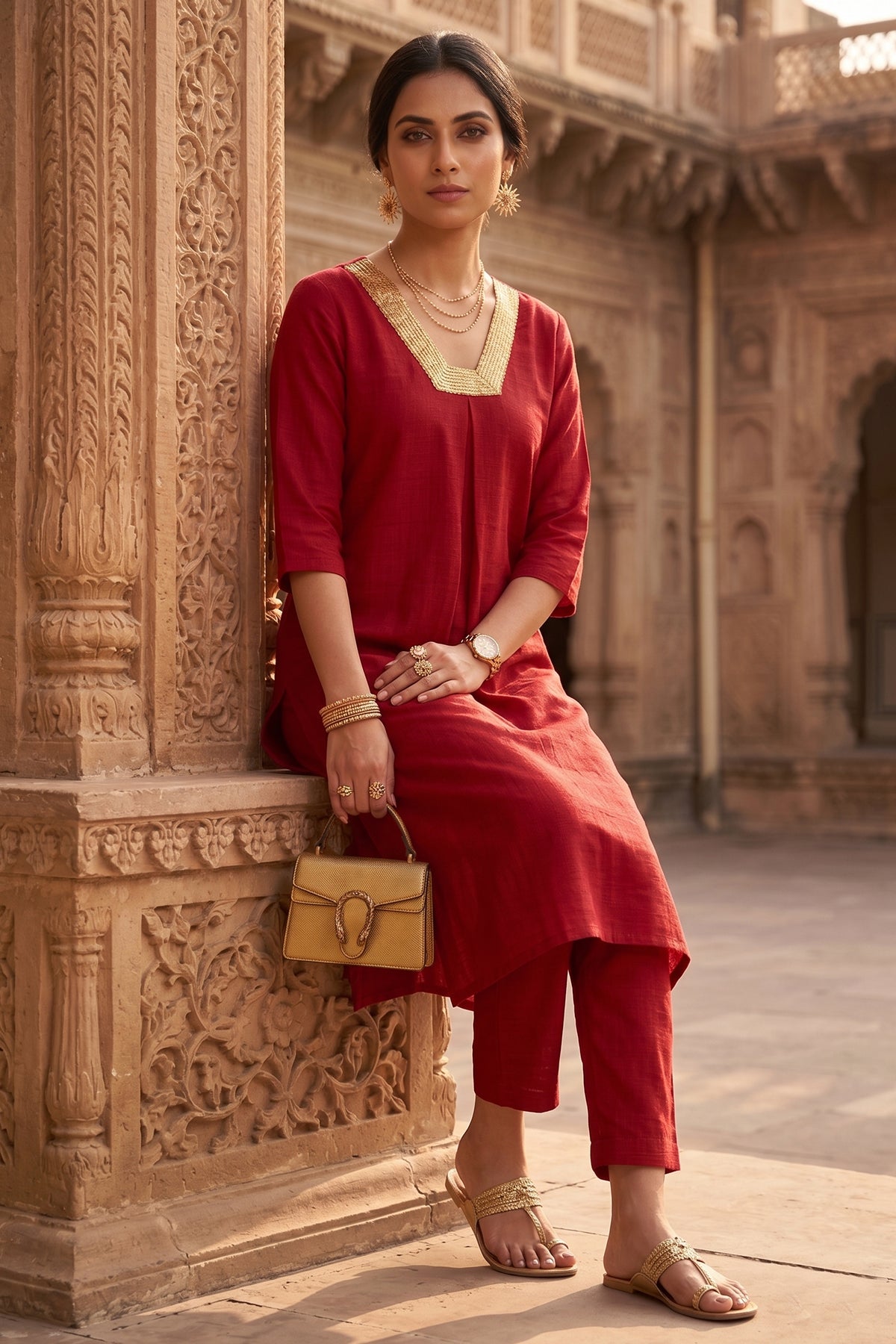 Red Silk Box Pleated Kurta Set