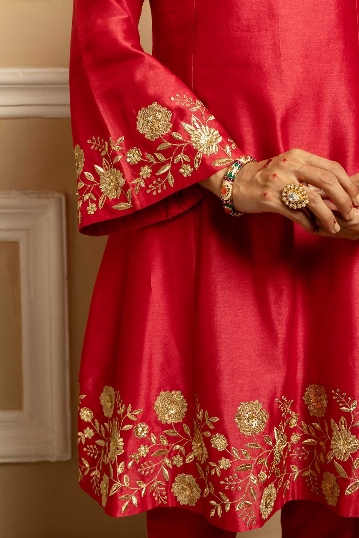 Red Silk Chanderi Kurta Set