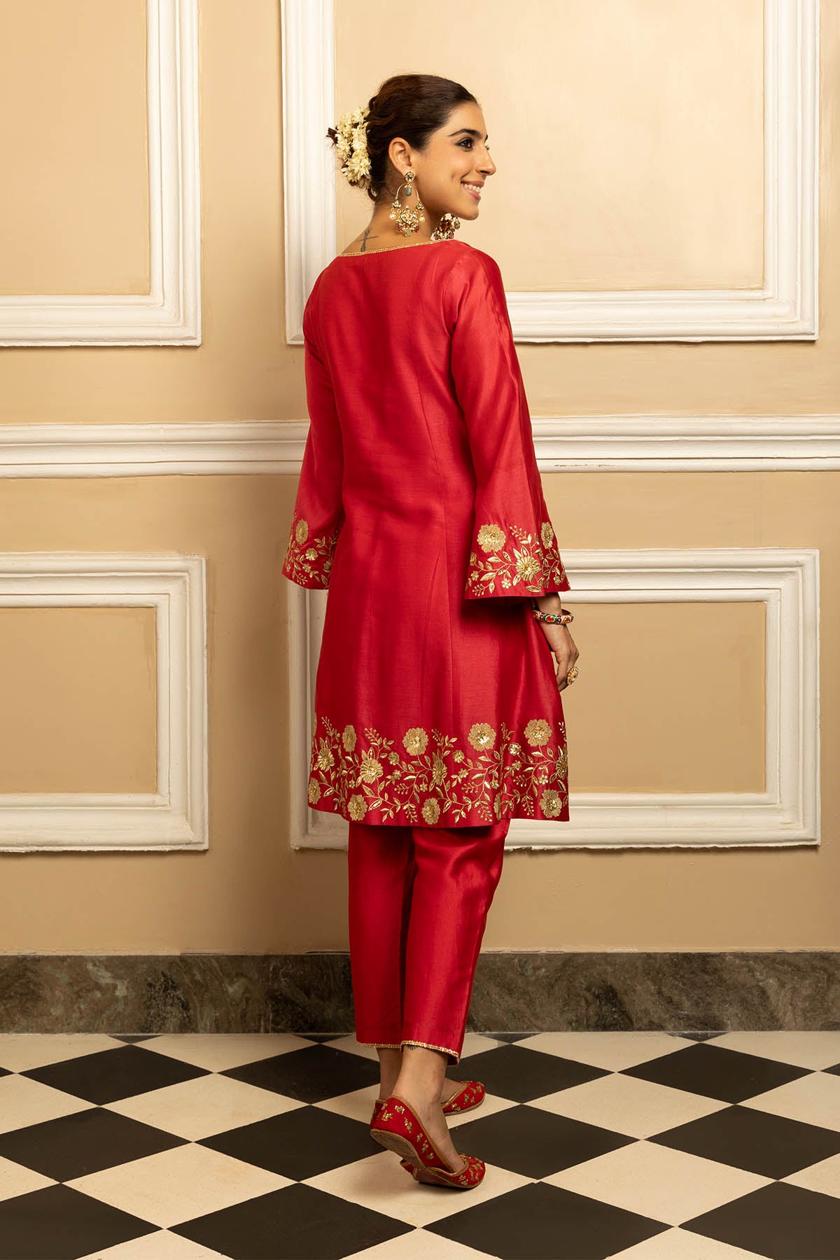 Red Silk Chanderi Kurta Set