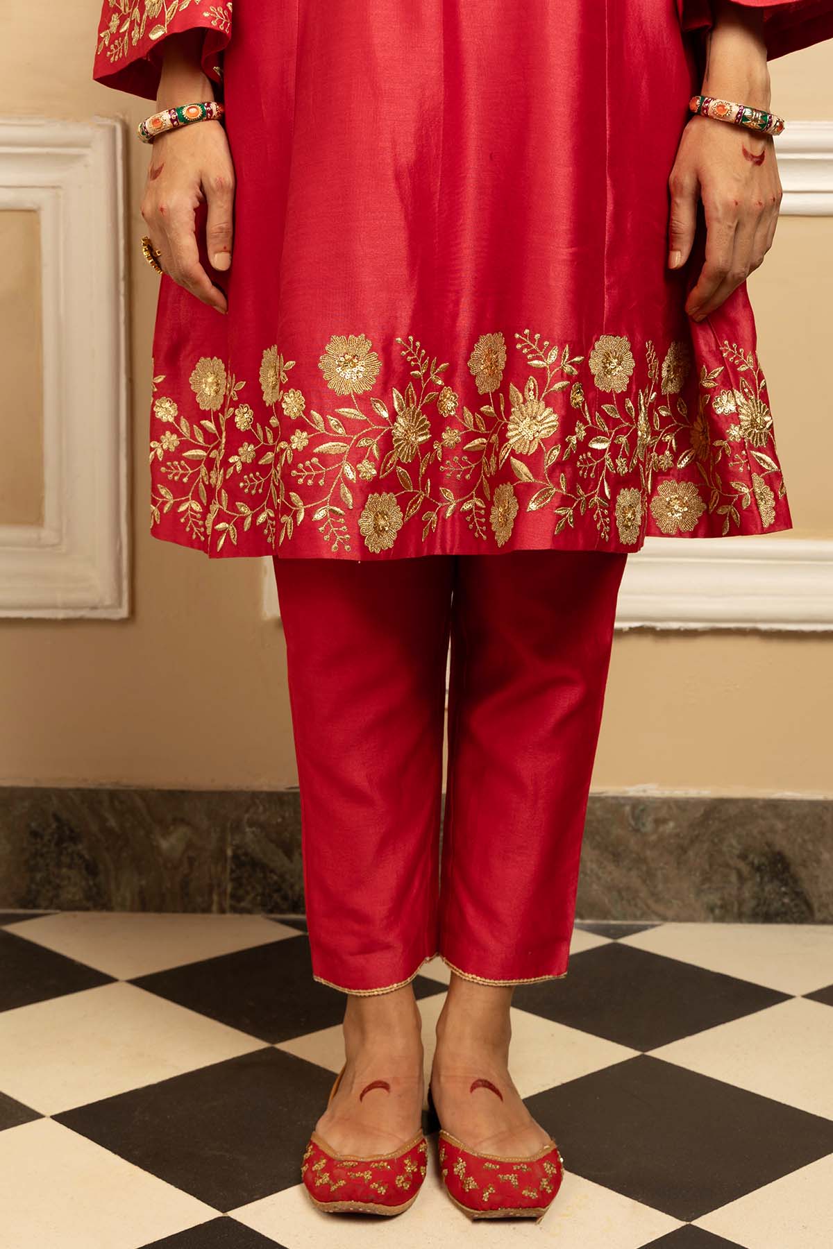 Red Silk Chanderi Kurta Set