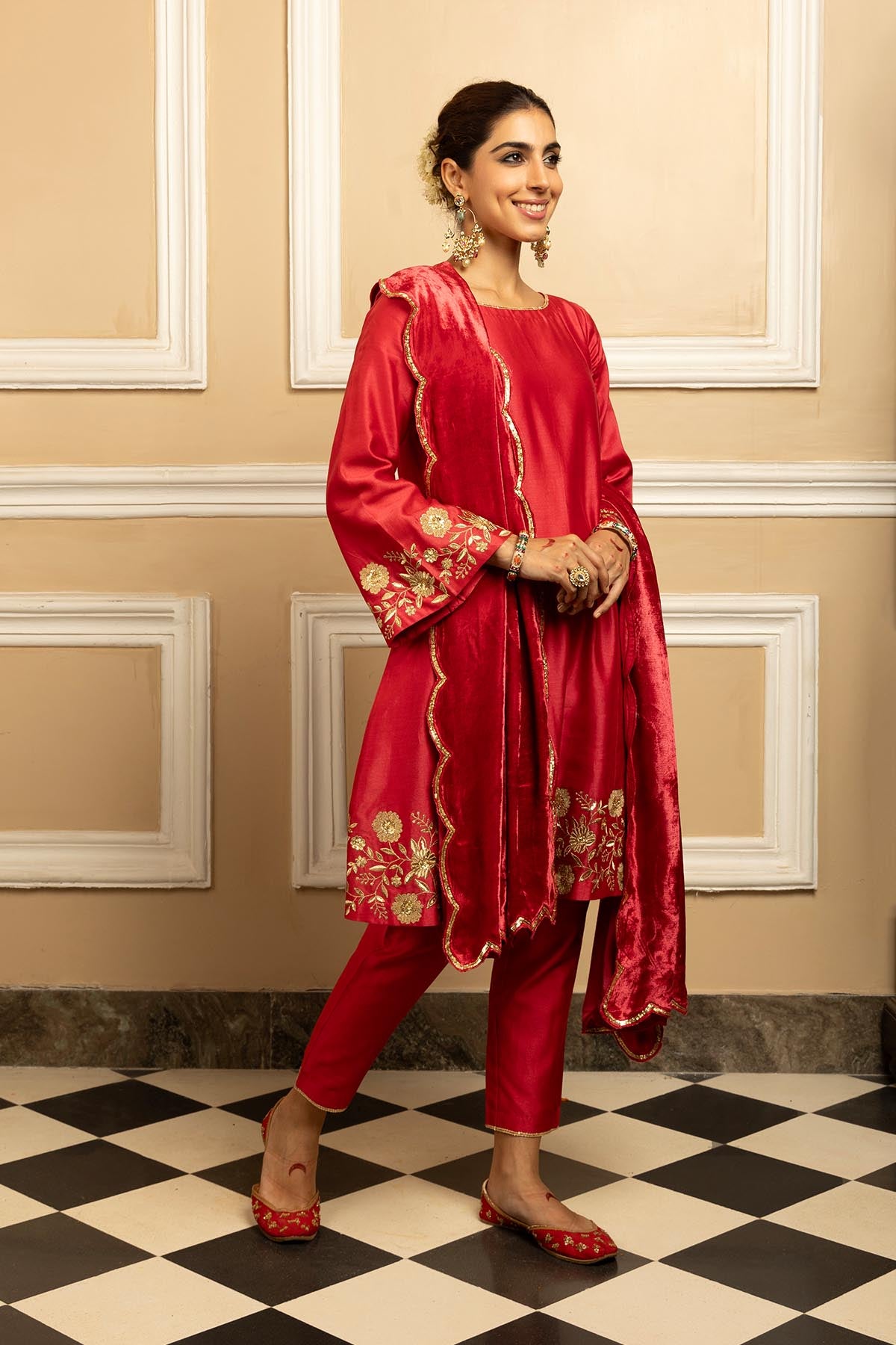 Red Silk Chanderi Kurta Set