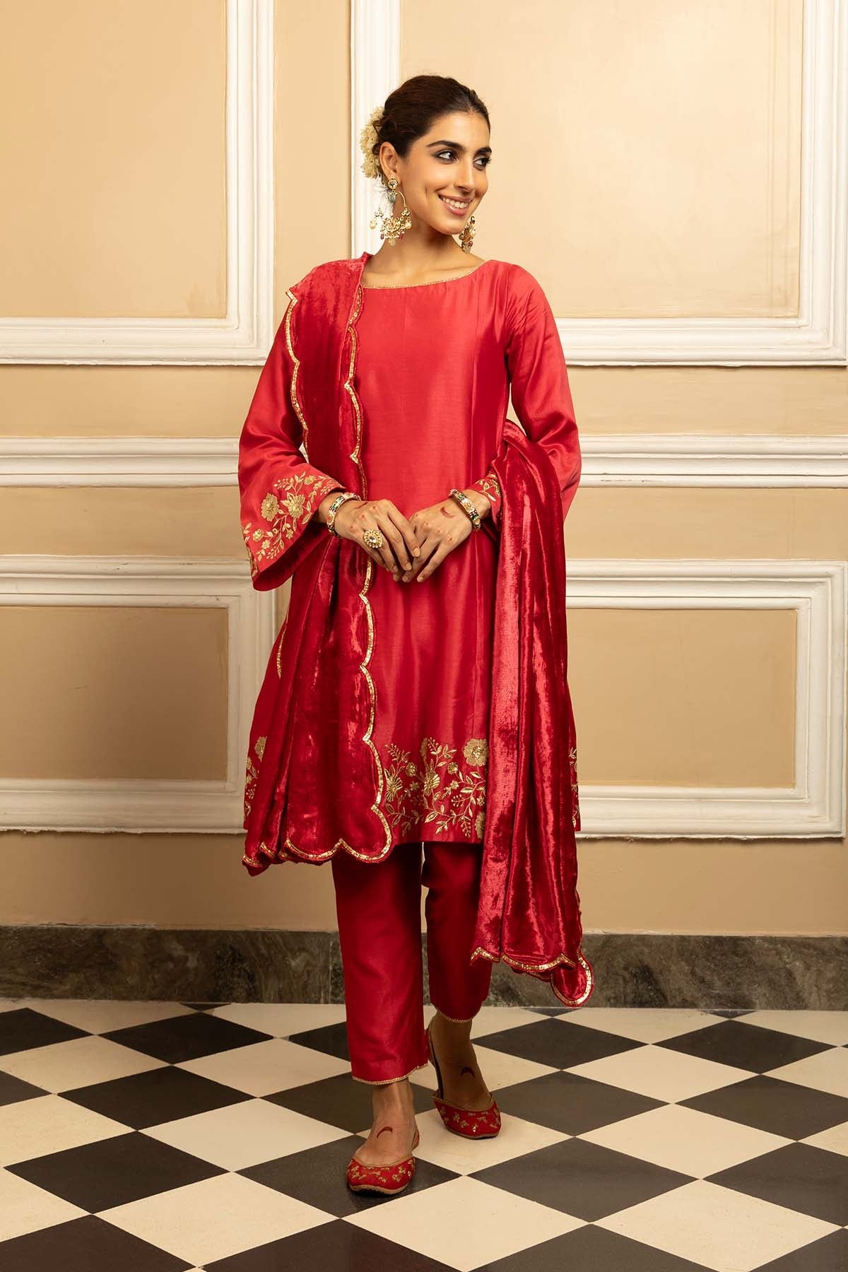 Buy Red Silk Chanderi Kurta Set by Dohr India for women online at ScrollnShops