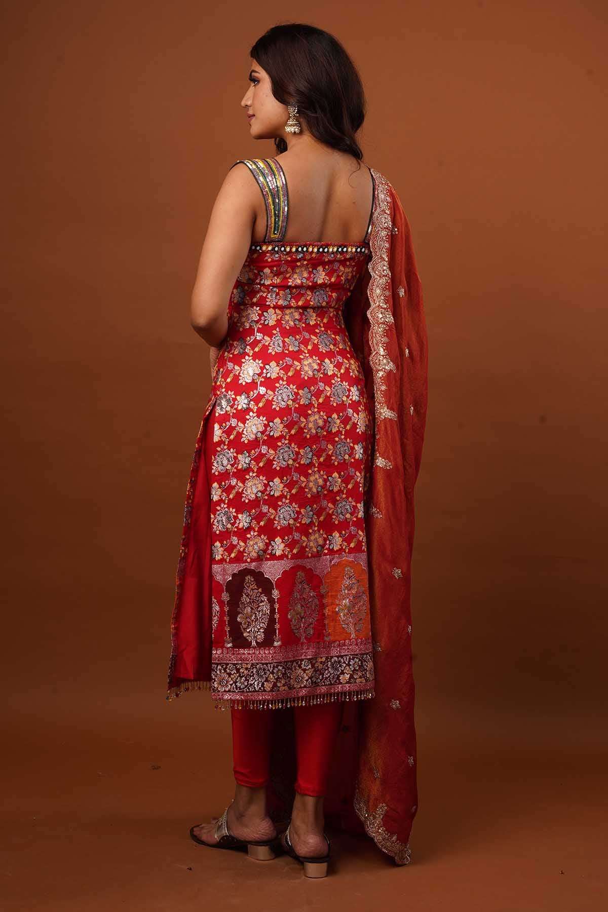 Red Silk Embroidered Kurta Set