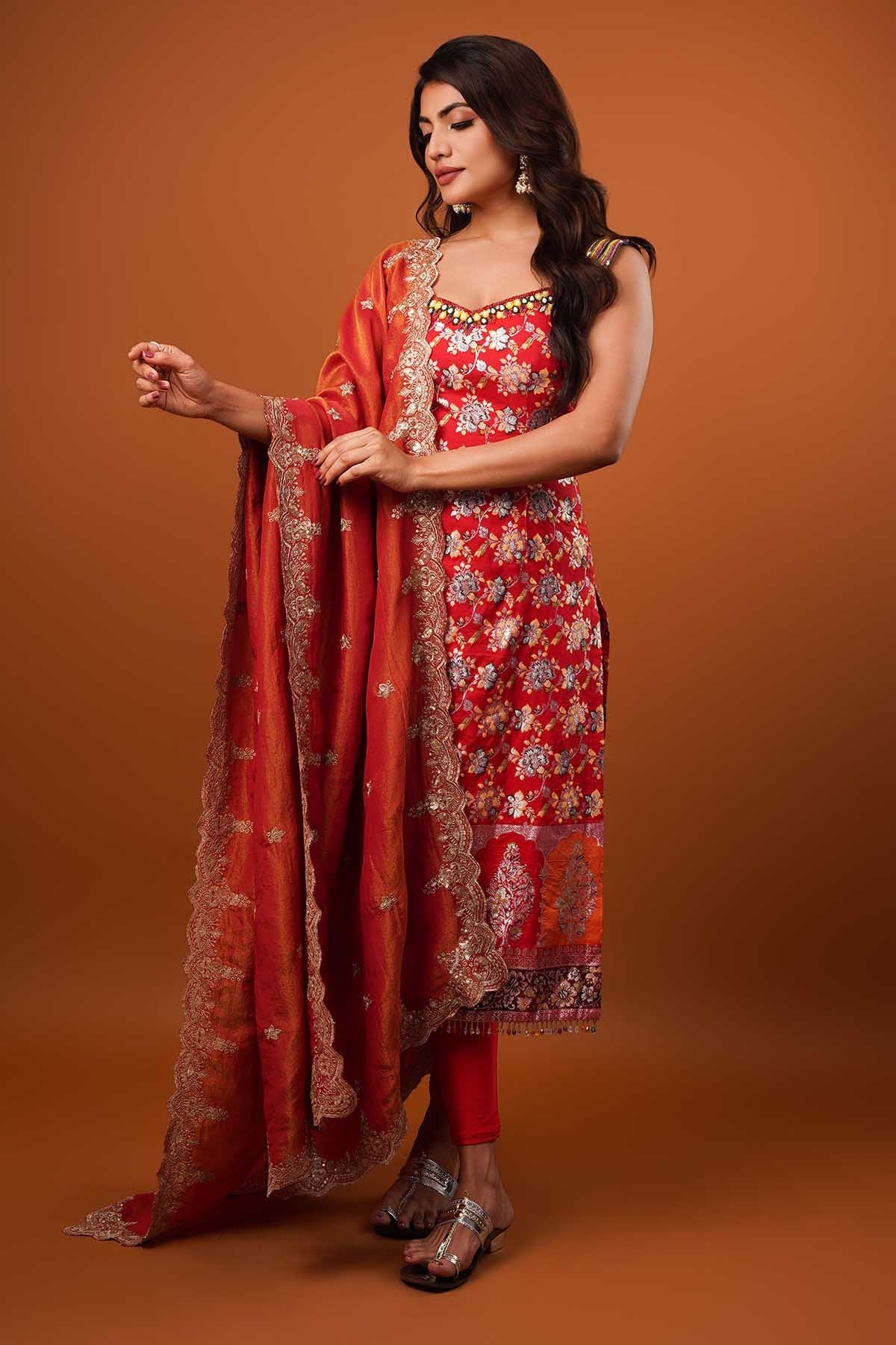 Ajay & Priyanka Red Silk Embroidered Kurta Set for women online at ScrollnShops