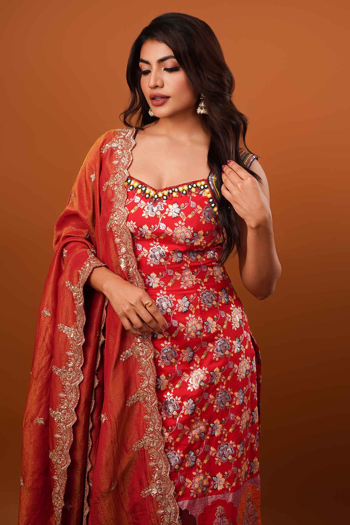 Red Silk Embroidered Kurta Set