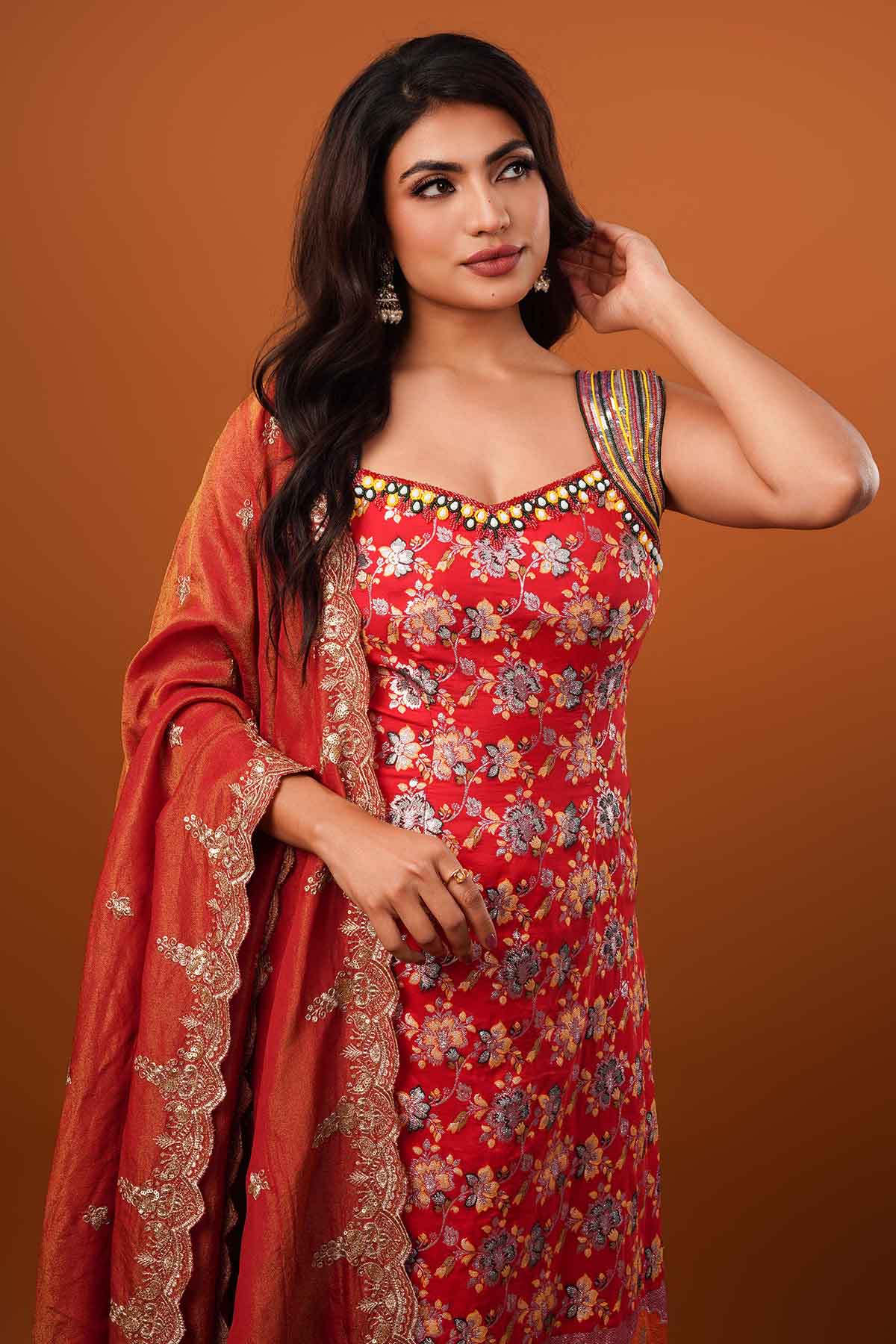 Red Silk Embroidered Kurta Set