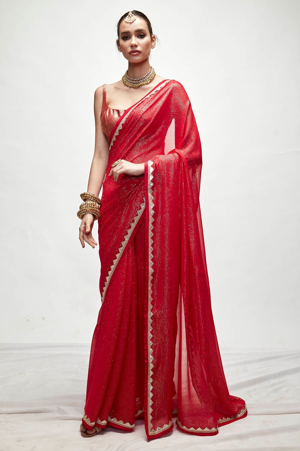 Designer Ranian Carmine red silk georgette saree with self woven gold and silver metallic threads, gota and silk satin paired with silk brocade champagne matt zari blouse For Women Online at ScrollnShops