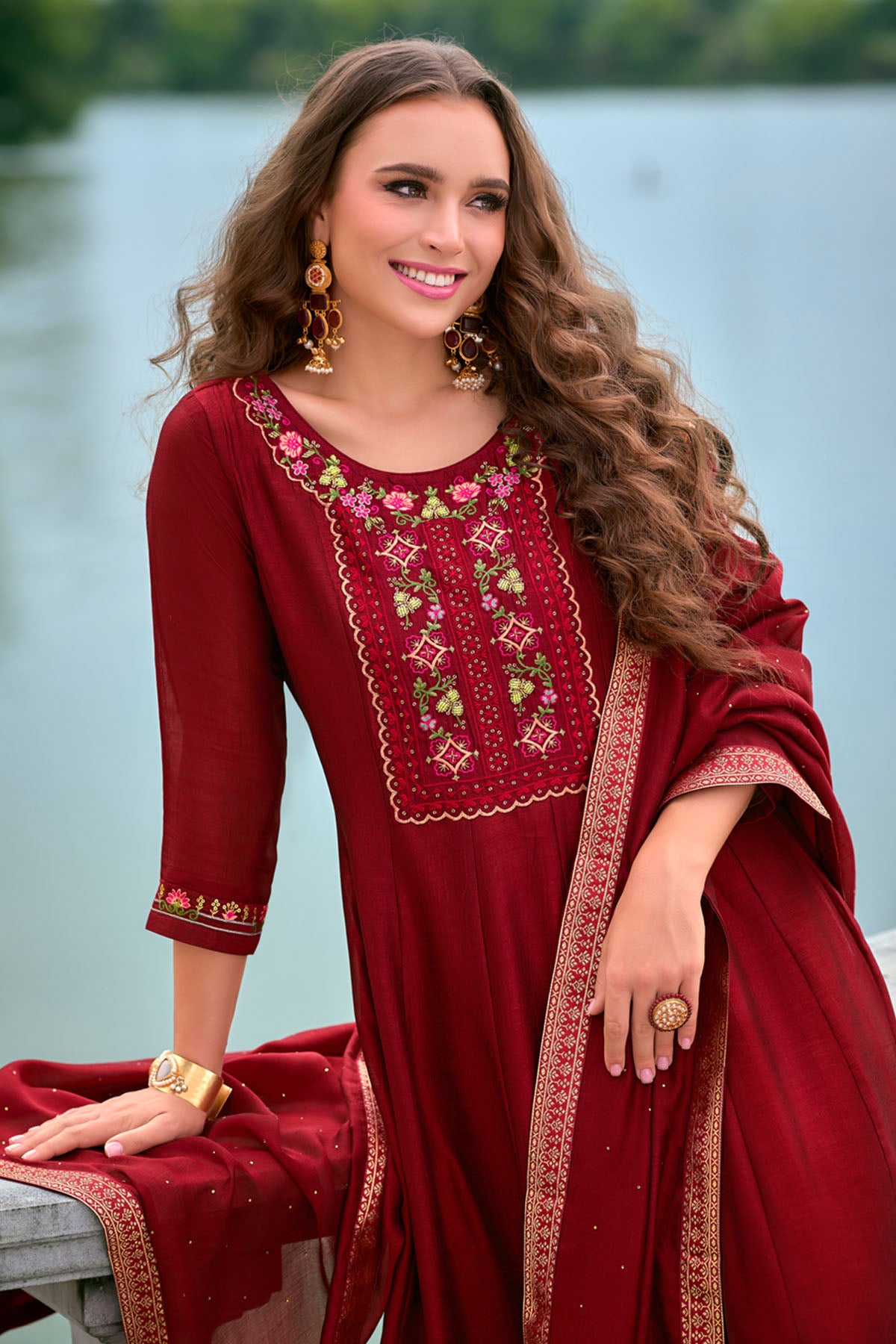 Red Silk Hand Work Kurta Set