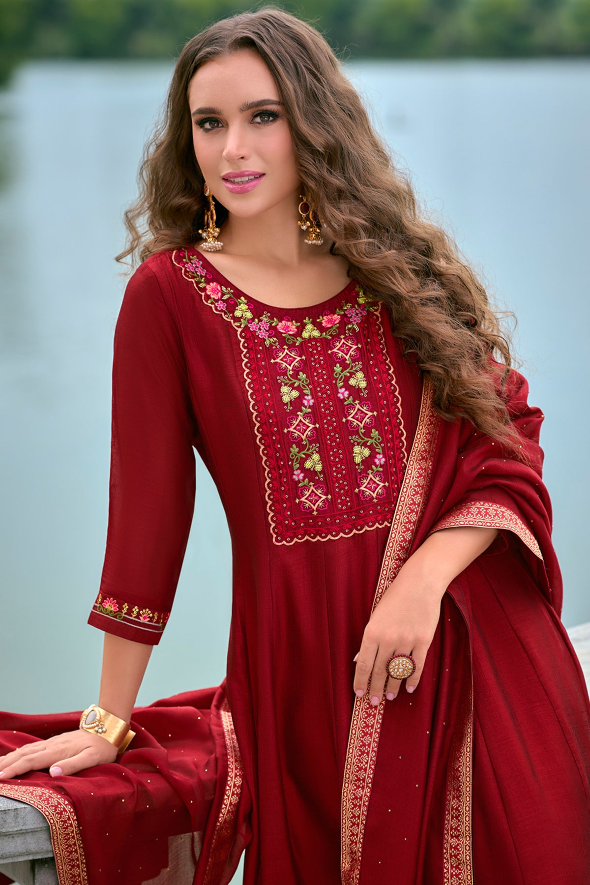 Red Silk Hand Work Kurta Set