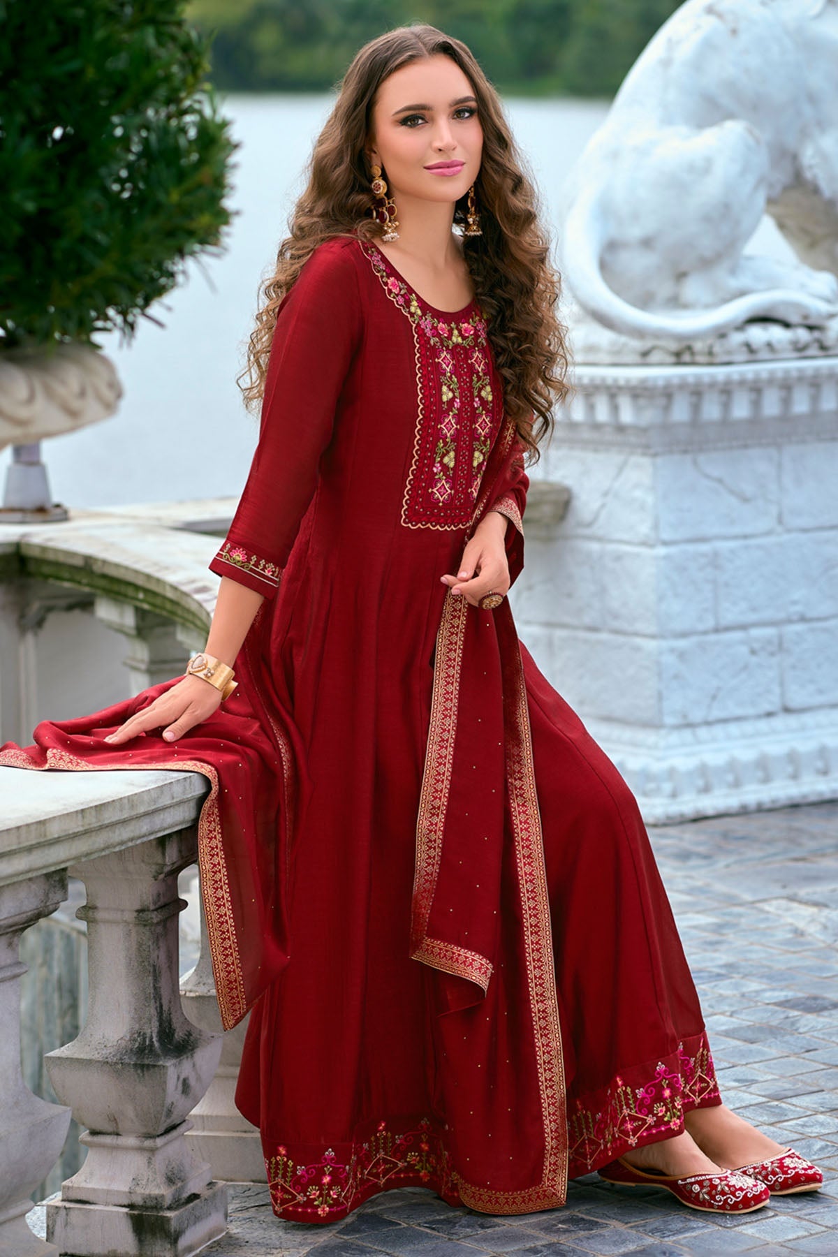 Buy Red Silk Hand Work Kurta Set for women by Aastha Fashion online available at scrollnshops
