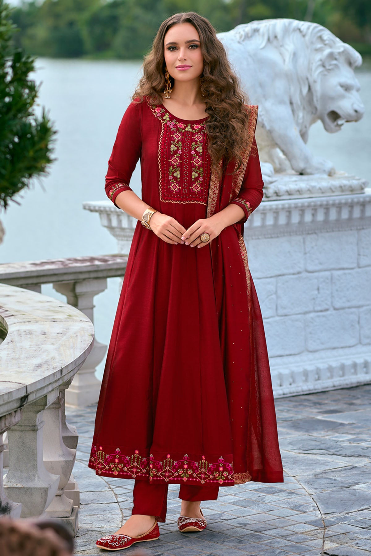 Red Silk Hand Work Kurta Set