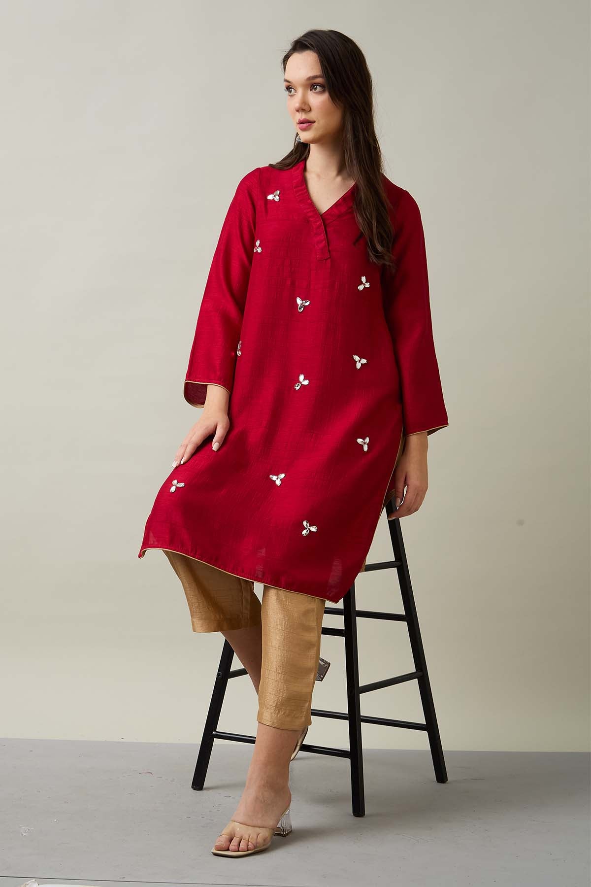 Red Silk Rhinestones Kurta Set