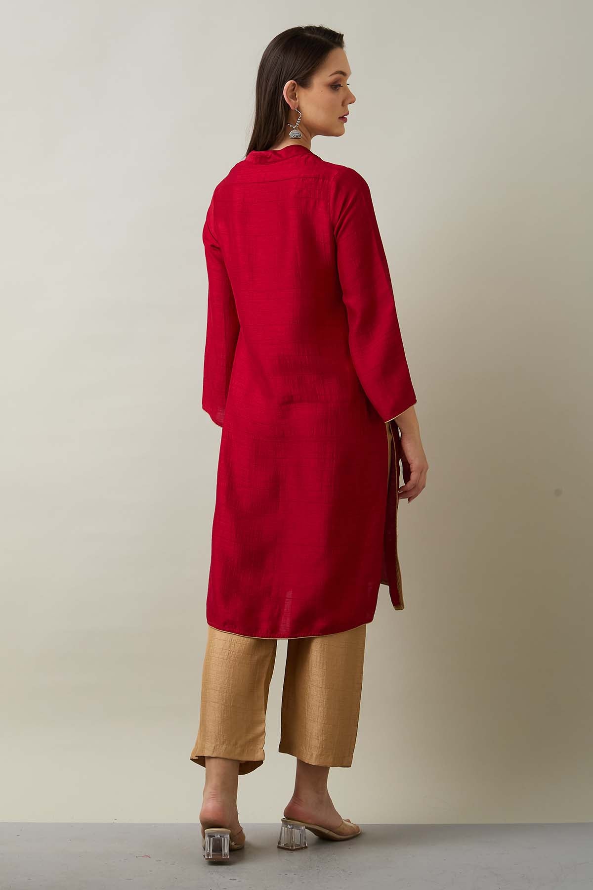 Red Silk Rhinestones Kurta Set