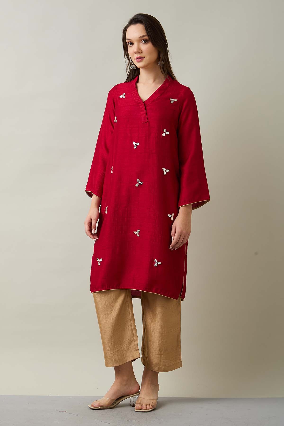 Red Silk Rhinestones Kurta Set