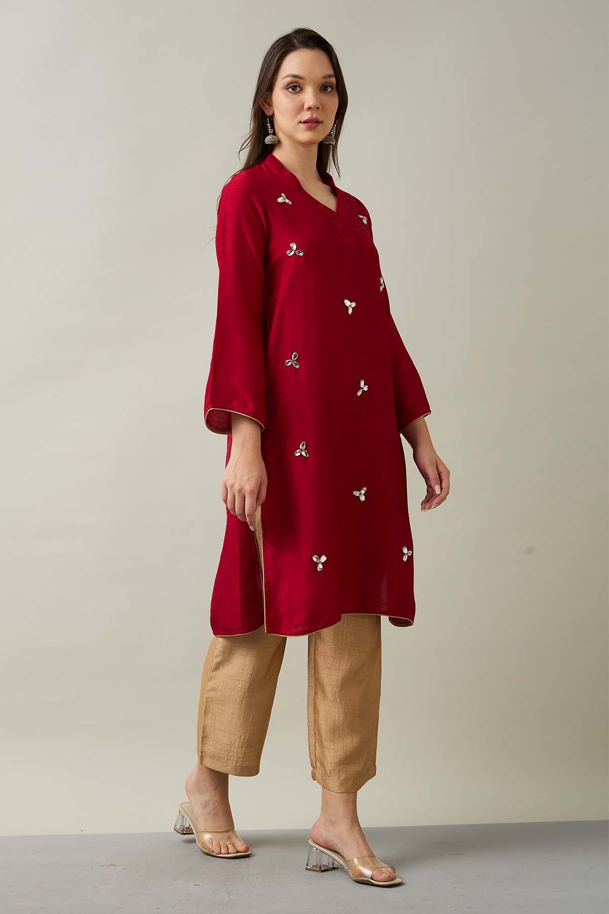 Red Silk Rhinestones Kurta Set