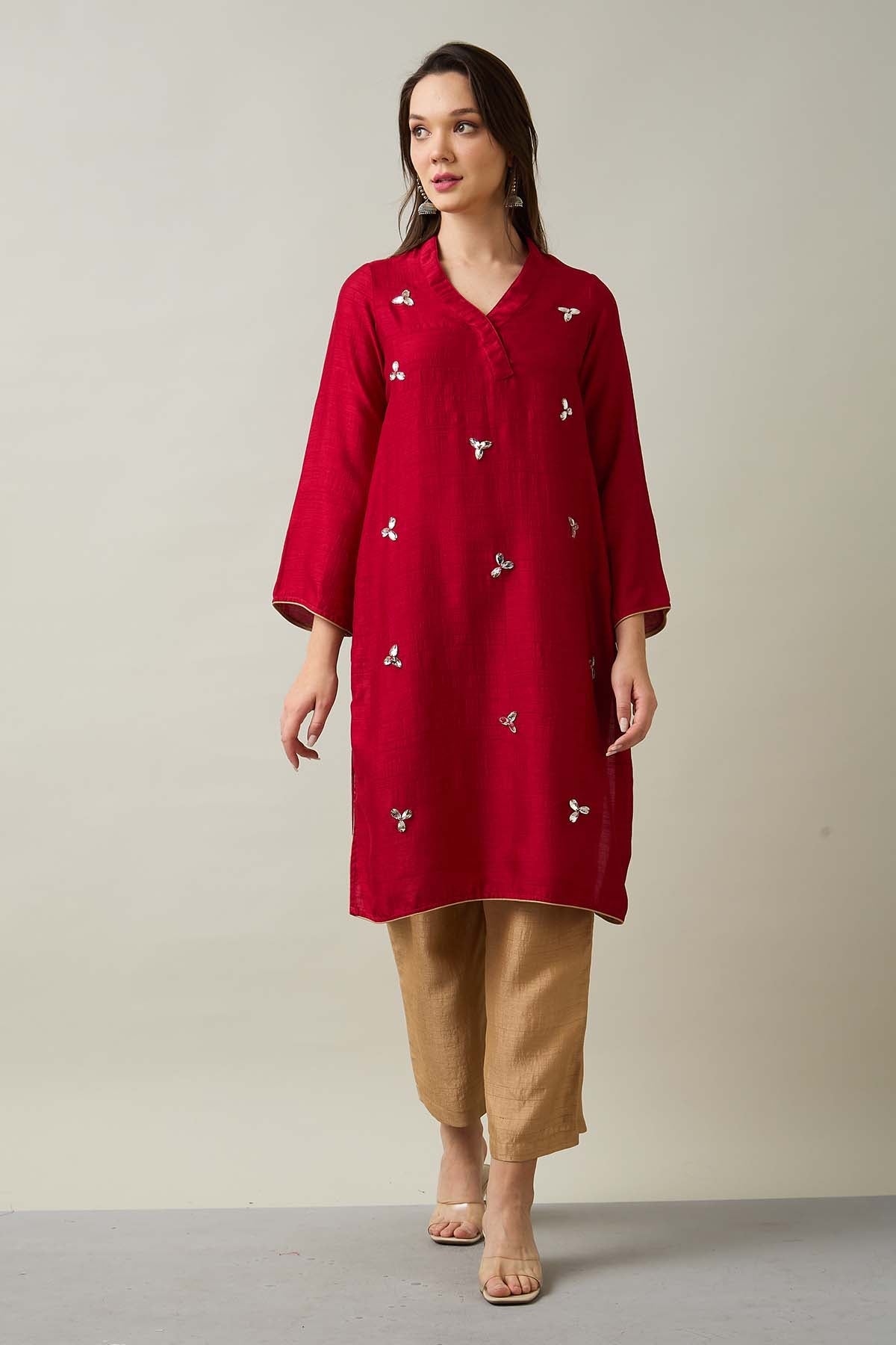 Buy Red Silk Rhinestones Kurta Set by SNEHA B for women online at ScrollnShops