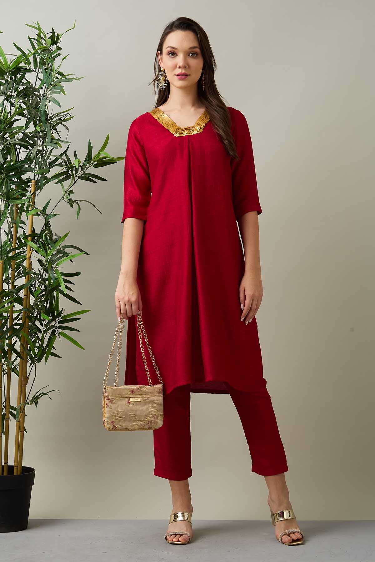 Buy Red Silk Straight Kurta & Pants by SNEHA B for women online at ScrollnShops