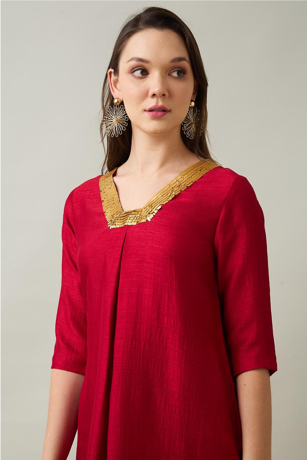 Red Silk Straight Kurta & Pants