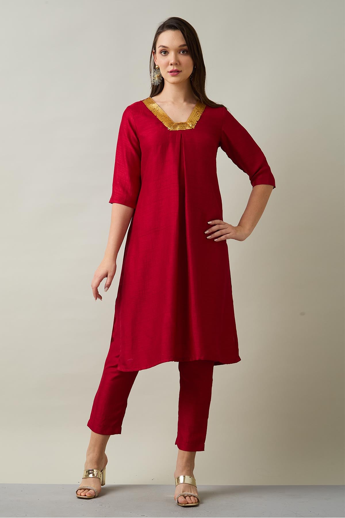 Red Silk Straight Kurta & Pants
