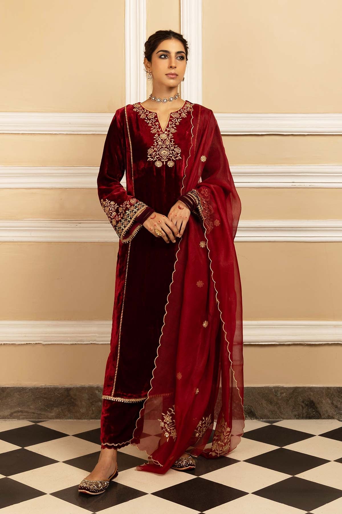 Buy Red Silk Velvet Zari Kurta Set by Dohr India for women online at ScrollnShops