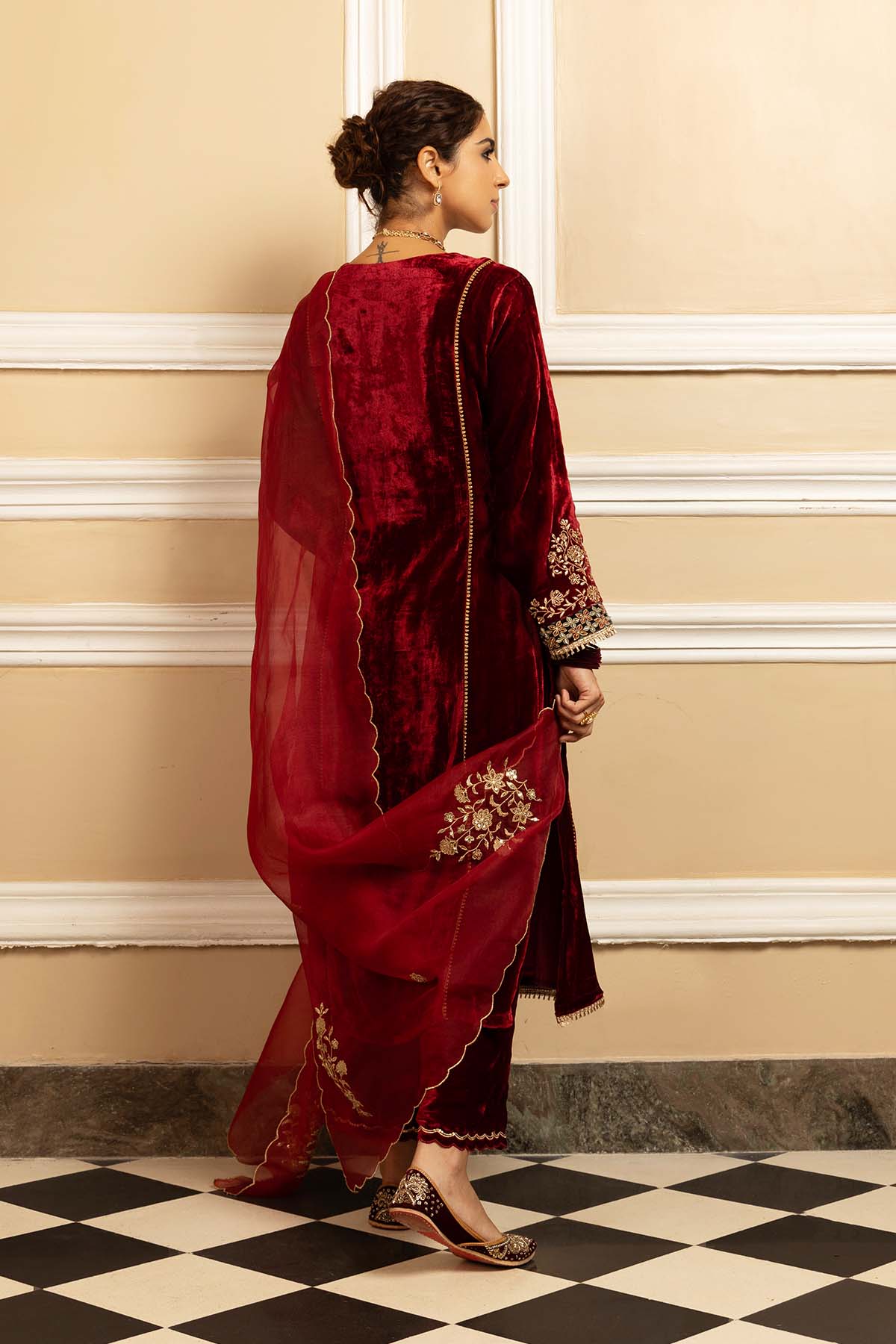 Red Silk Velvet Zari Kurta Set