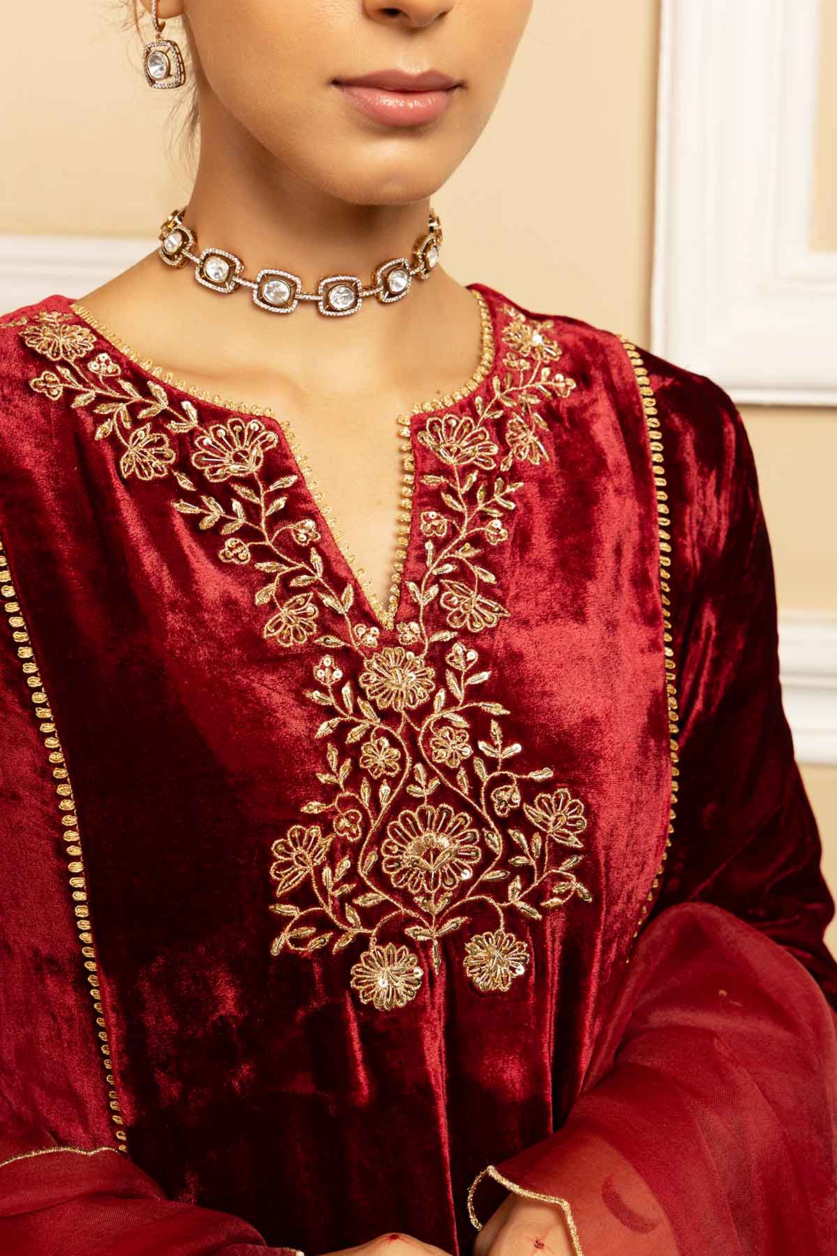 Red Silk Velvet Zari Kurta Set
