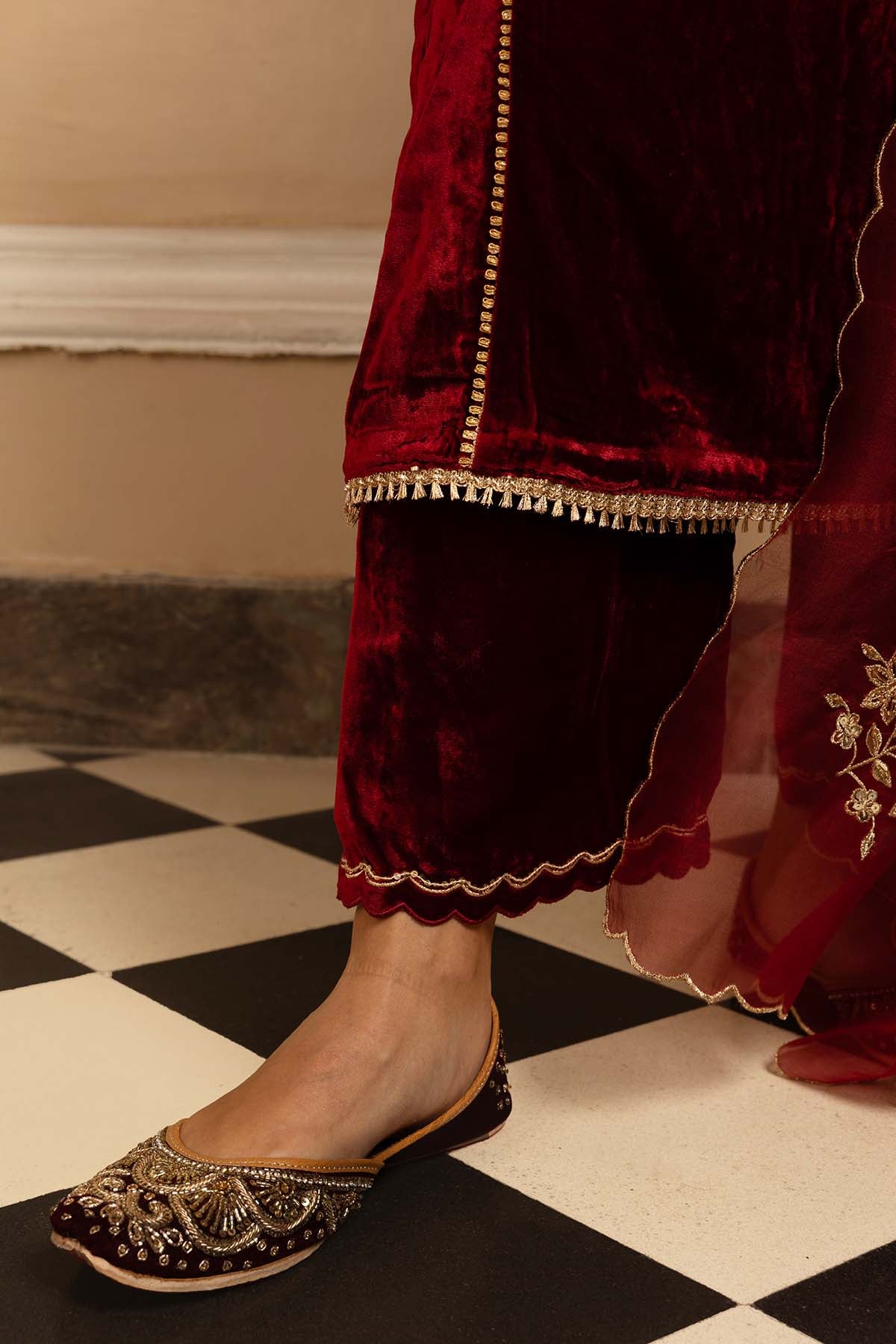 Red Silk Velvet Zari Kurta Set