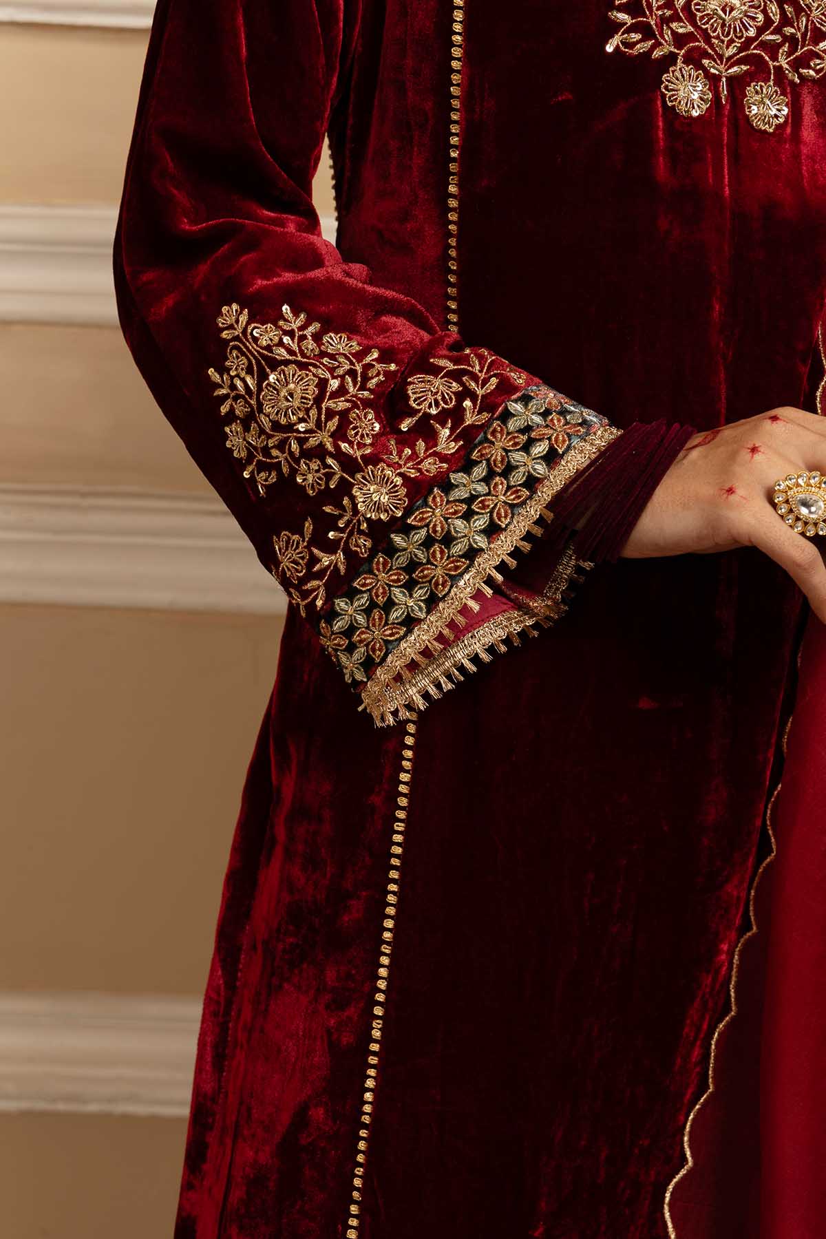 Red Silk Velvet Zari Kurta Set