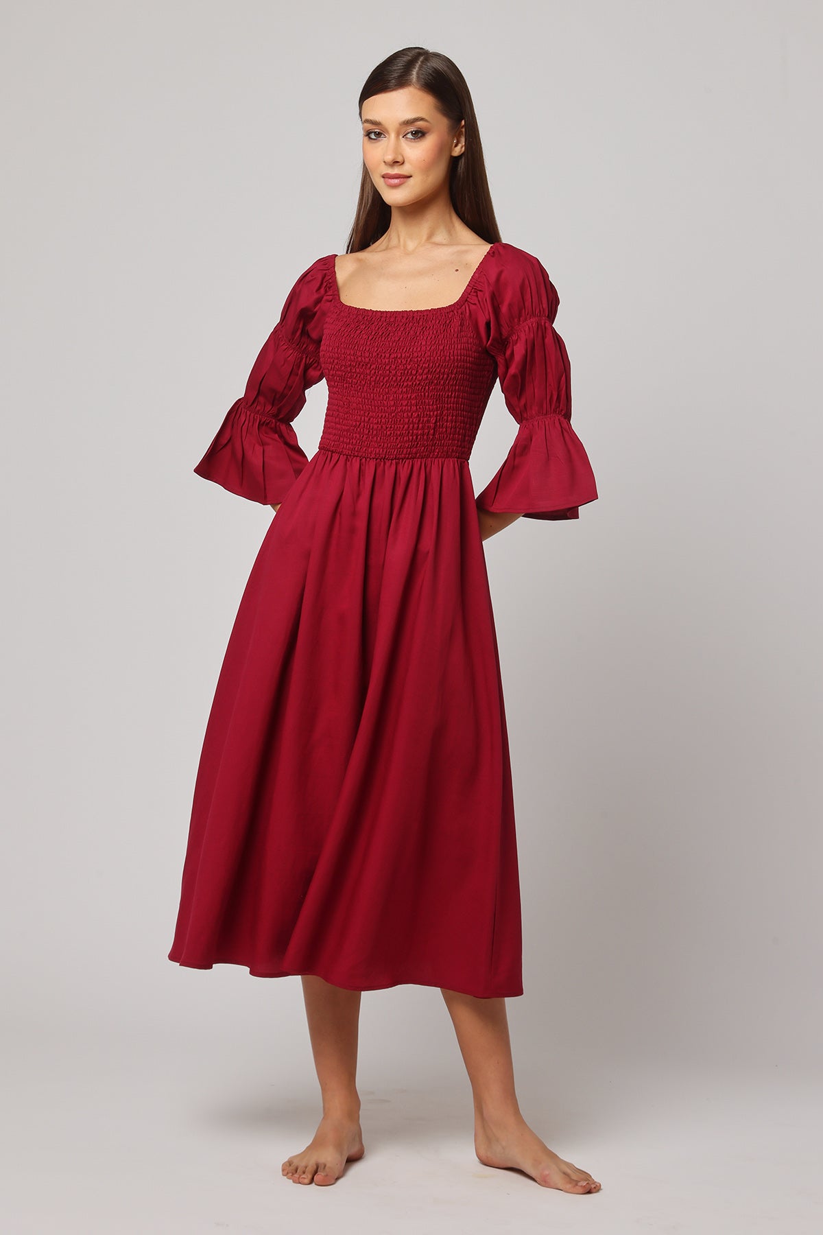 Red Smocked A-Line Midi Dress