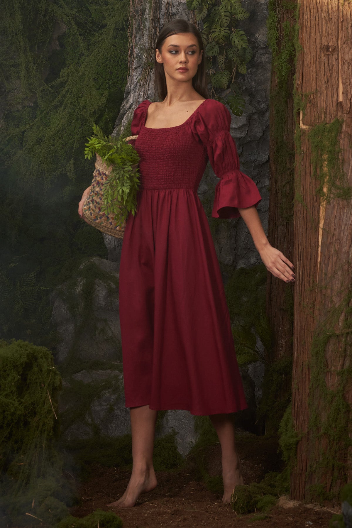 Red Smocked A-Line Midi Dress