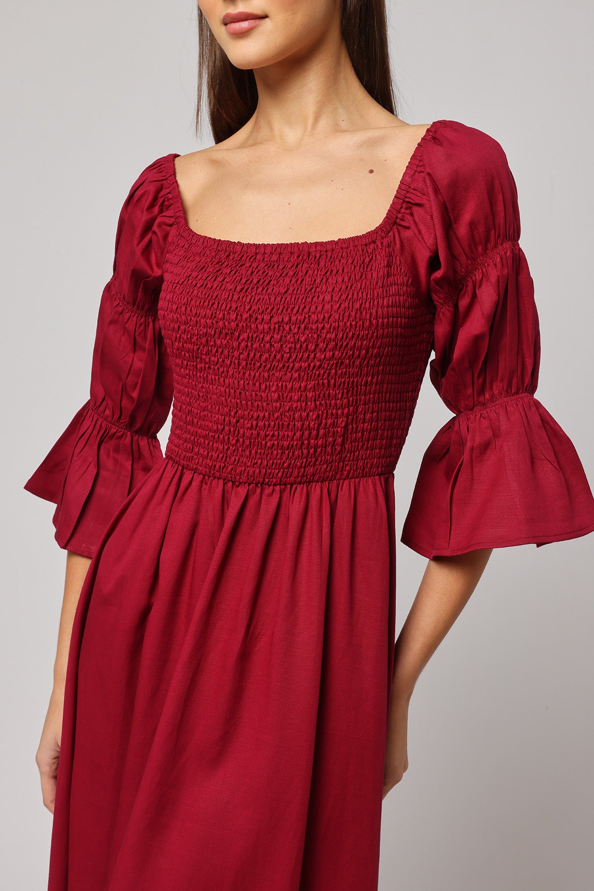 Red Smocked A-Line Midi Dress