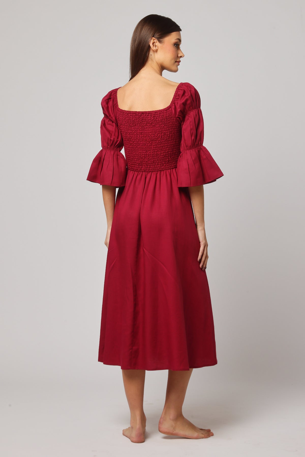 Red Smocked A-Line Midi Dress