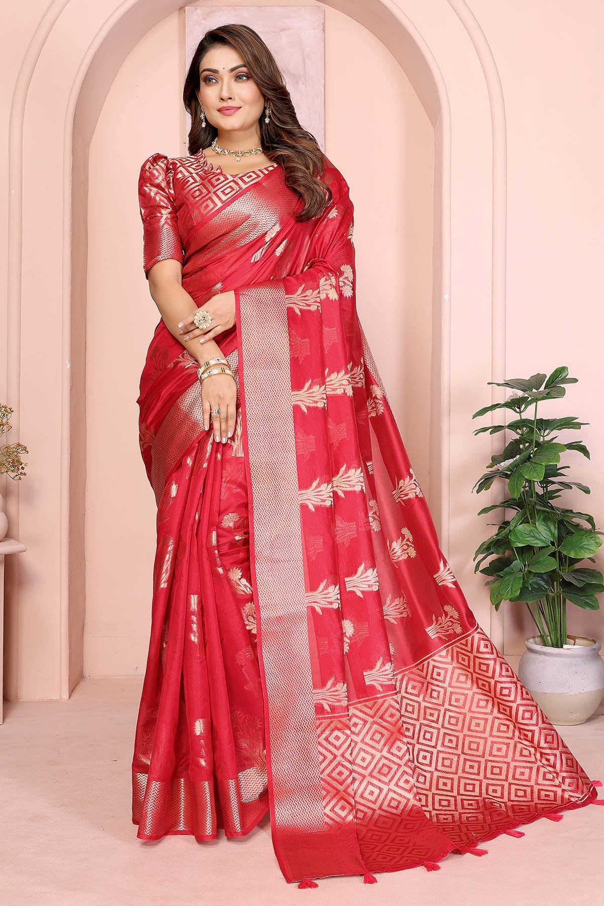 Buy Red Soft Organza Weaving Saree for women by Aastha Fashion online available at scrollnshops