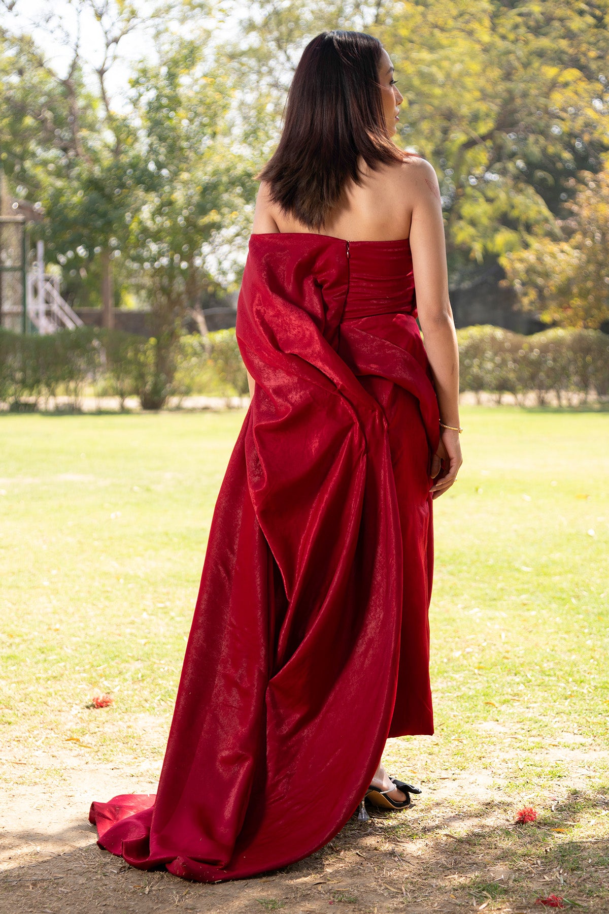 Red Strapless High-Low Gown