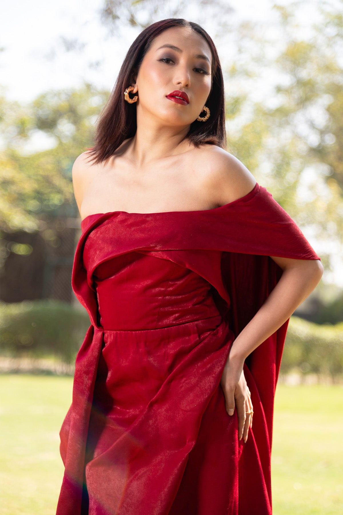 Red Strapless High-Low Gown