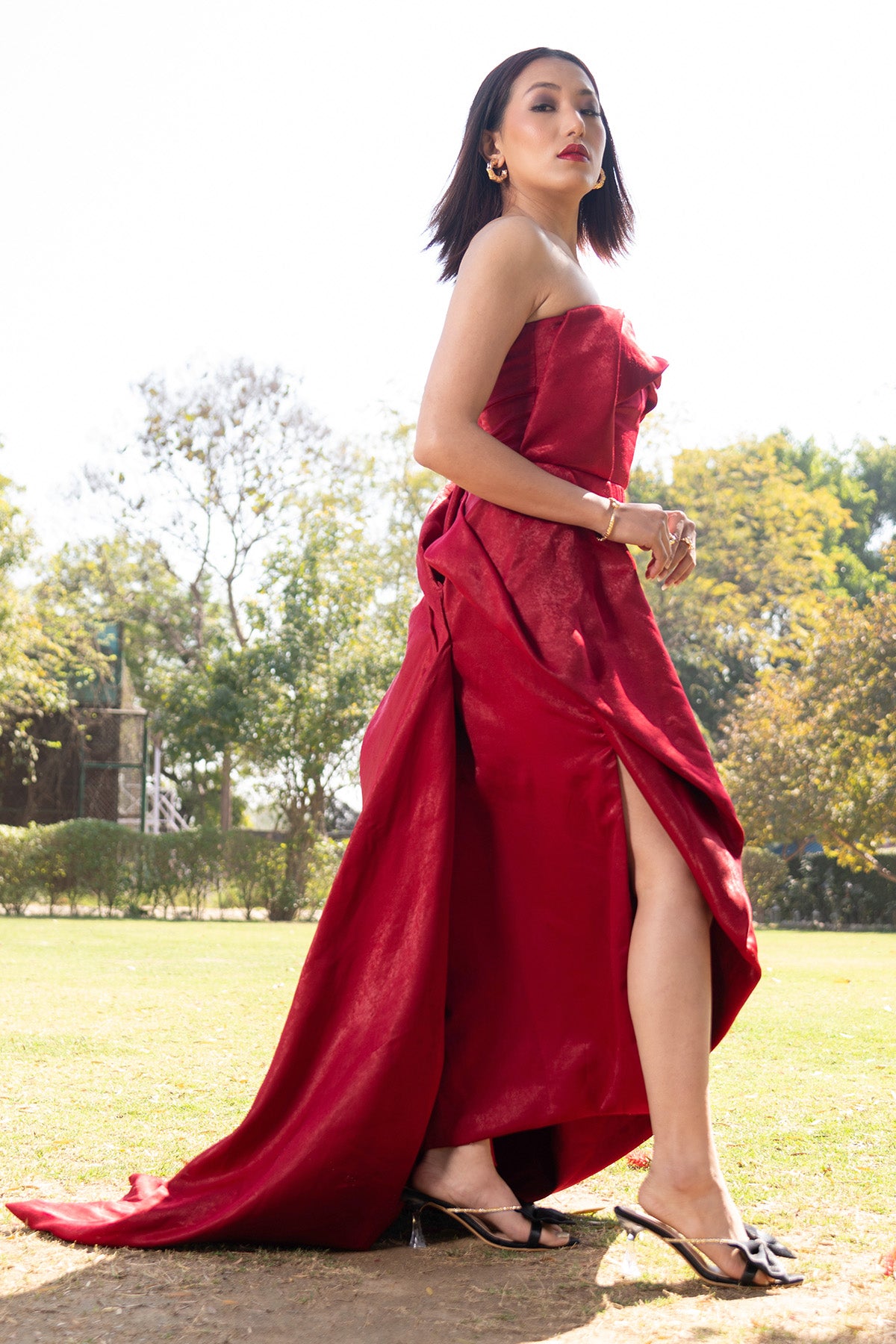 Red Strapless High-Low Gown