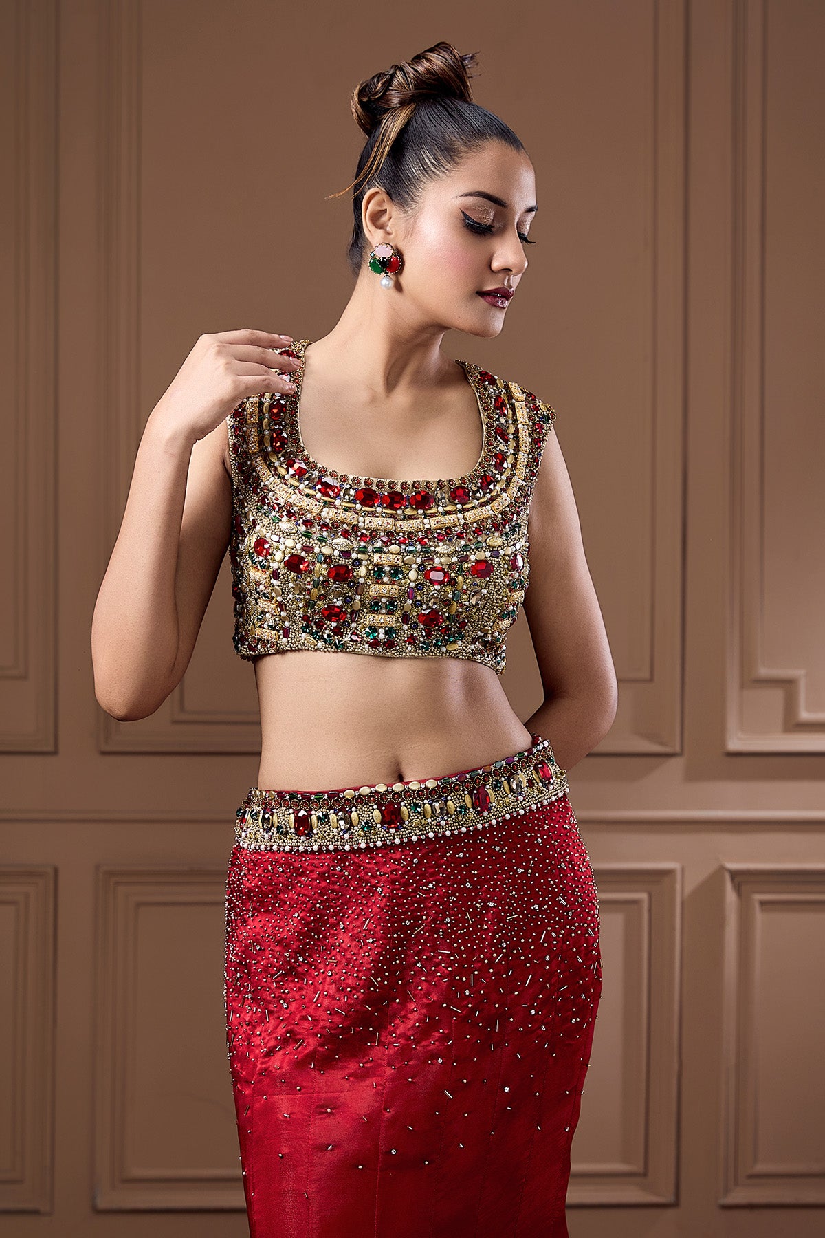 Red Swarovski Work Lehenga Set
