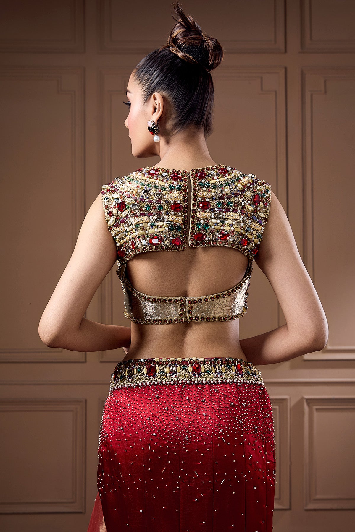 Red Swarovski Work Lehenga Set