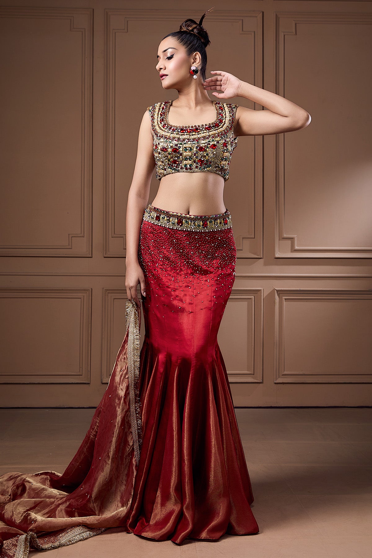 Red Swarovski Work Lehenga Set