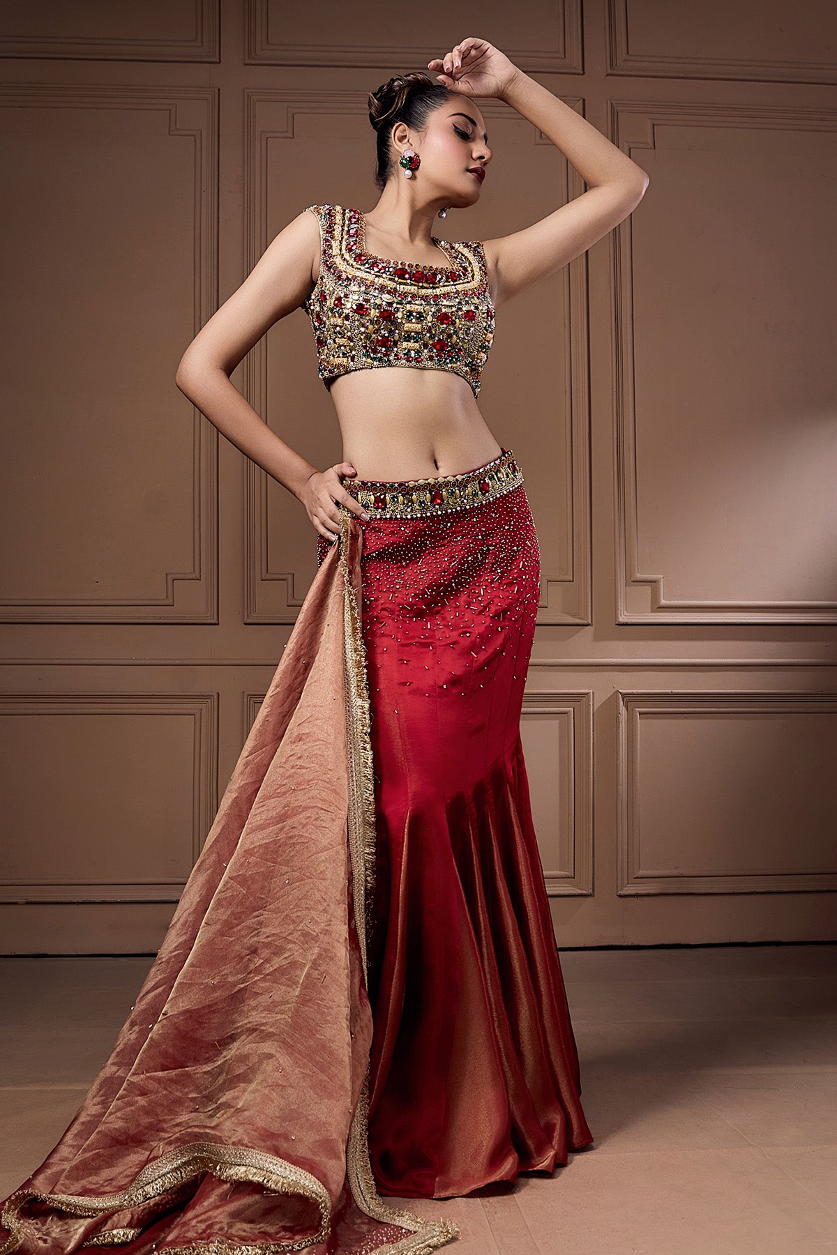 Red Swarovski Work Lehenga Set